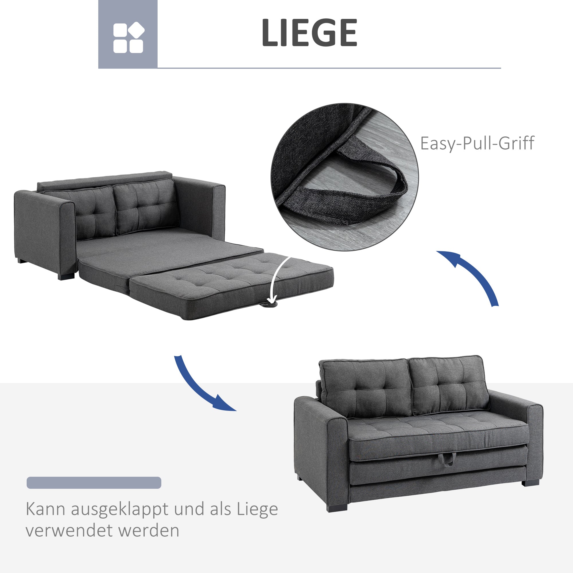 Sleeper Sofa Convertible 2-Seater with Sleeping Function, Linen Touch, Grey Rubberwood