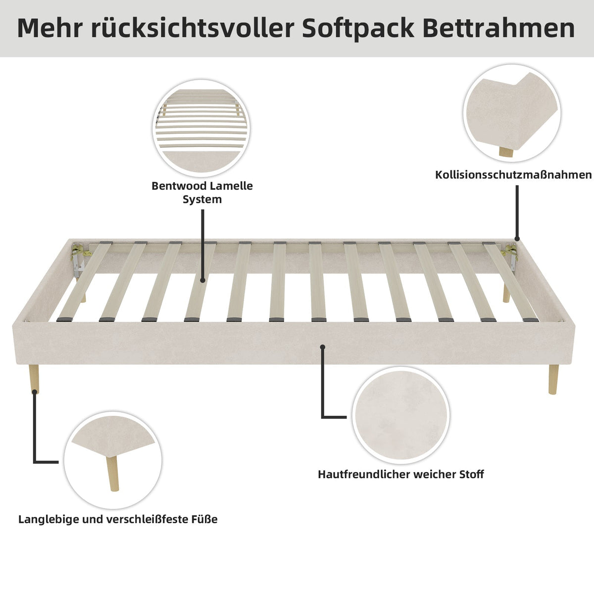 Modern Minimalist Bed Frame, 90x200 cm, Low-Profile, Dutch Velvet Beige