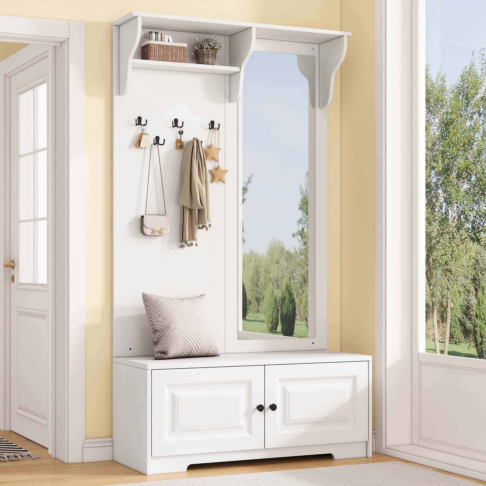 Wardrobe with Mirror, 5 Hooks, 2 Cabinets, White