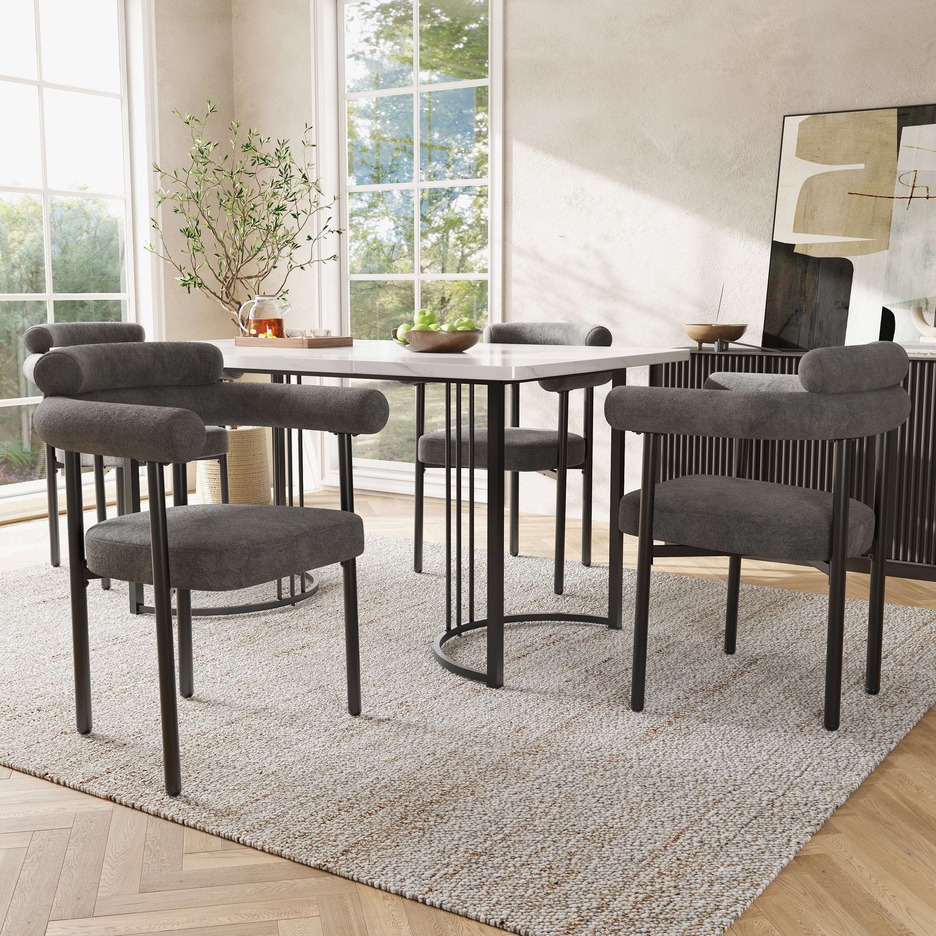 6 Dining Chairs, Modern Simple Comfortable Ring Seat, Dark Grey Suede
