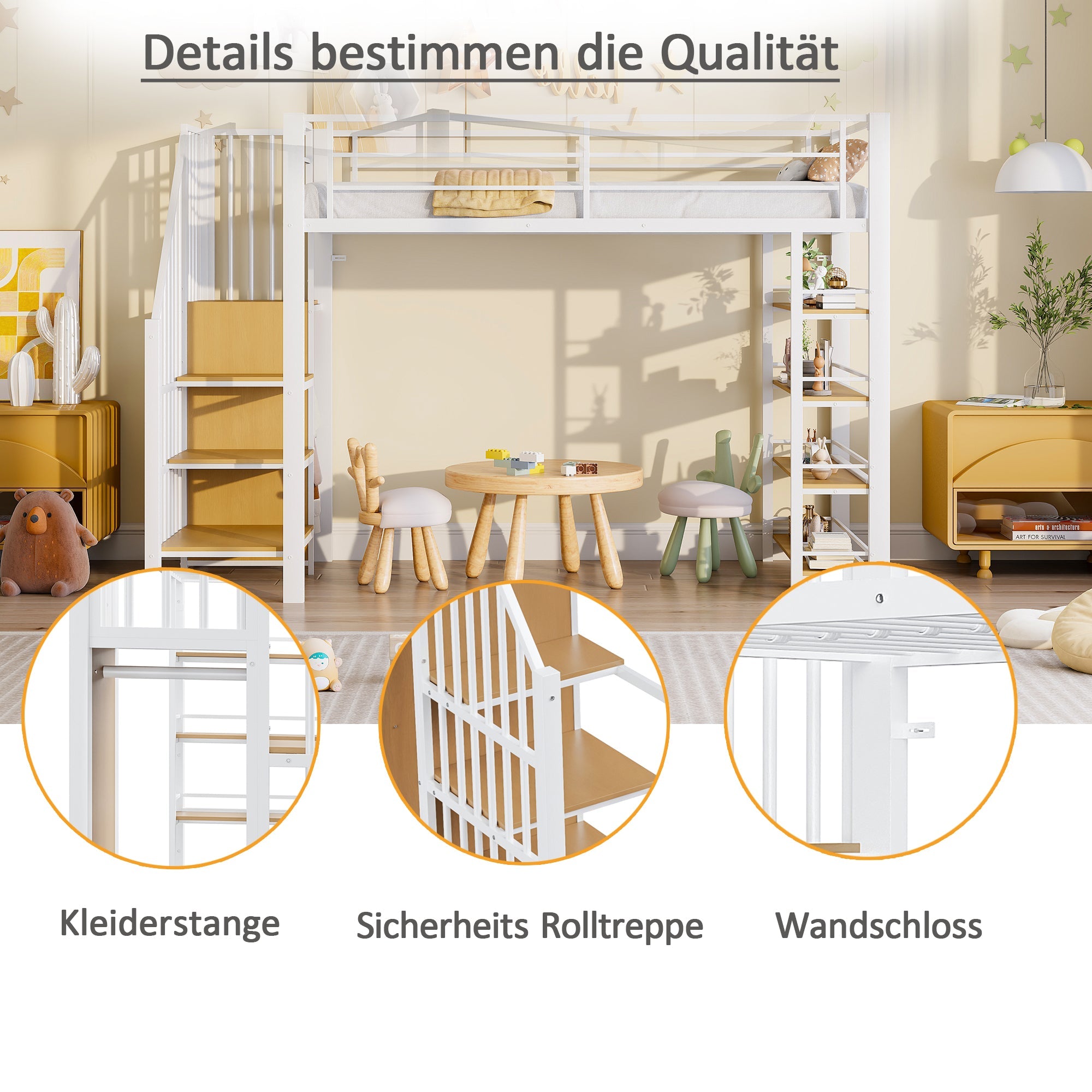 Loft Bed 90*200, Safety Stairs, Storage & Wardrobe, White
