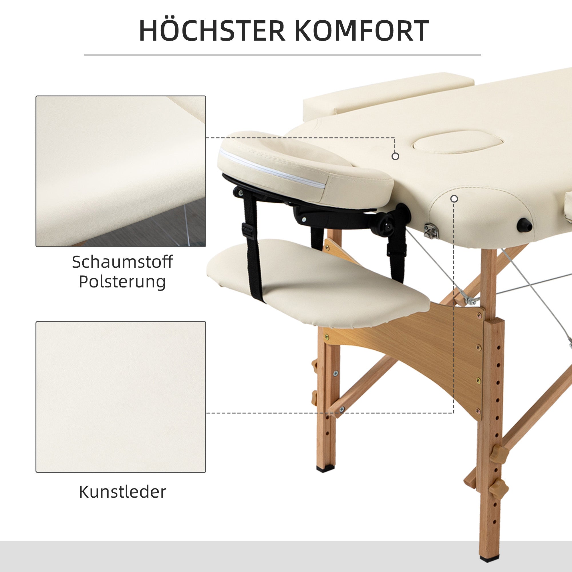 Massage Table, Foldable Height-Adjustable with Headrest, Artificial Leather Wood Cream
