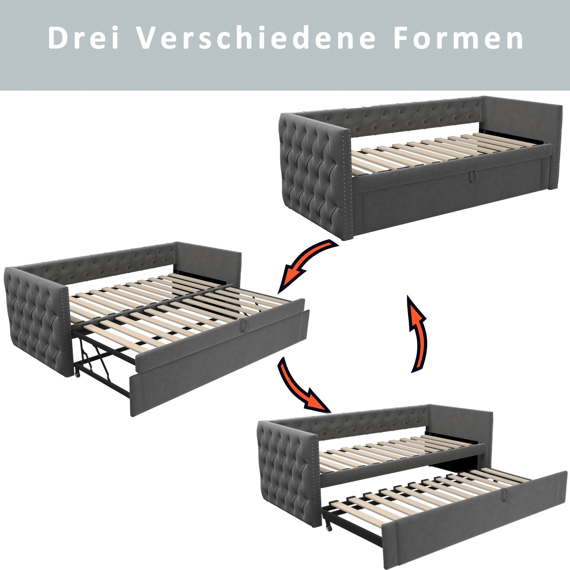 Upholstered Extendable Sofa Bed 90x200cm Multifunctional Slatted Base - Grey Velvet