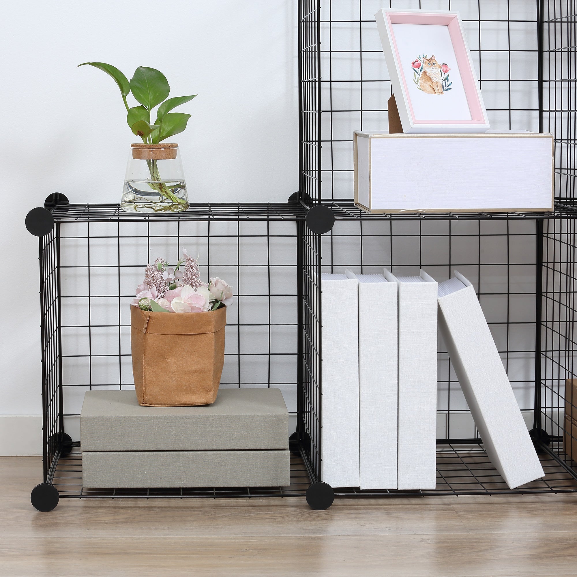 Shelving Unit, 6 Compartments, Wire Mesh Cube, Black
