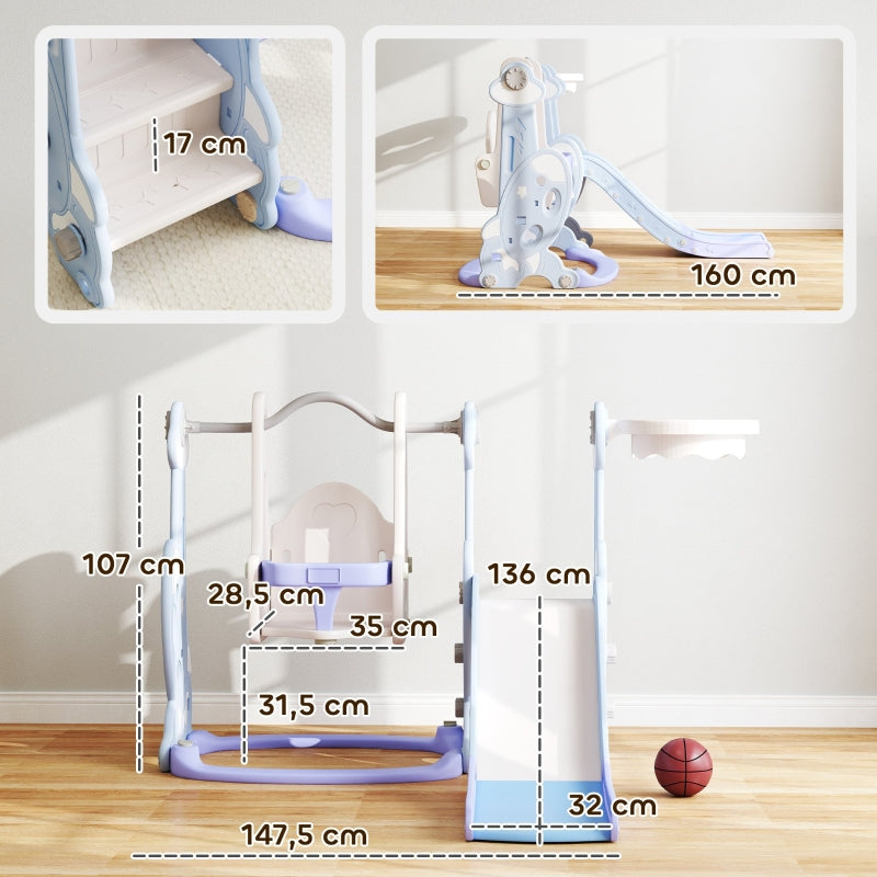 AIYAPLAY children's slide, 4-in-1 with swing, basketball hoop, climbing frame, light blue