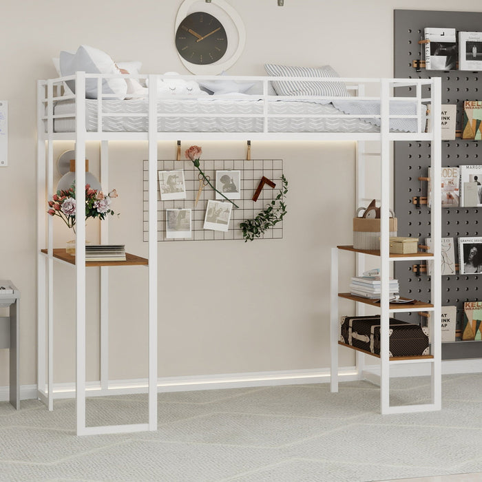 Iron Frame Bed, L-Shaped Desk, Railing, Stairs, Metal
