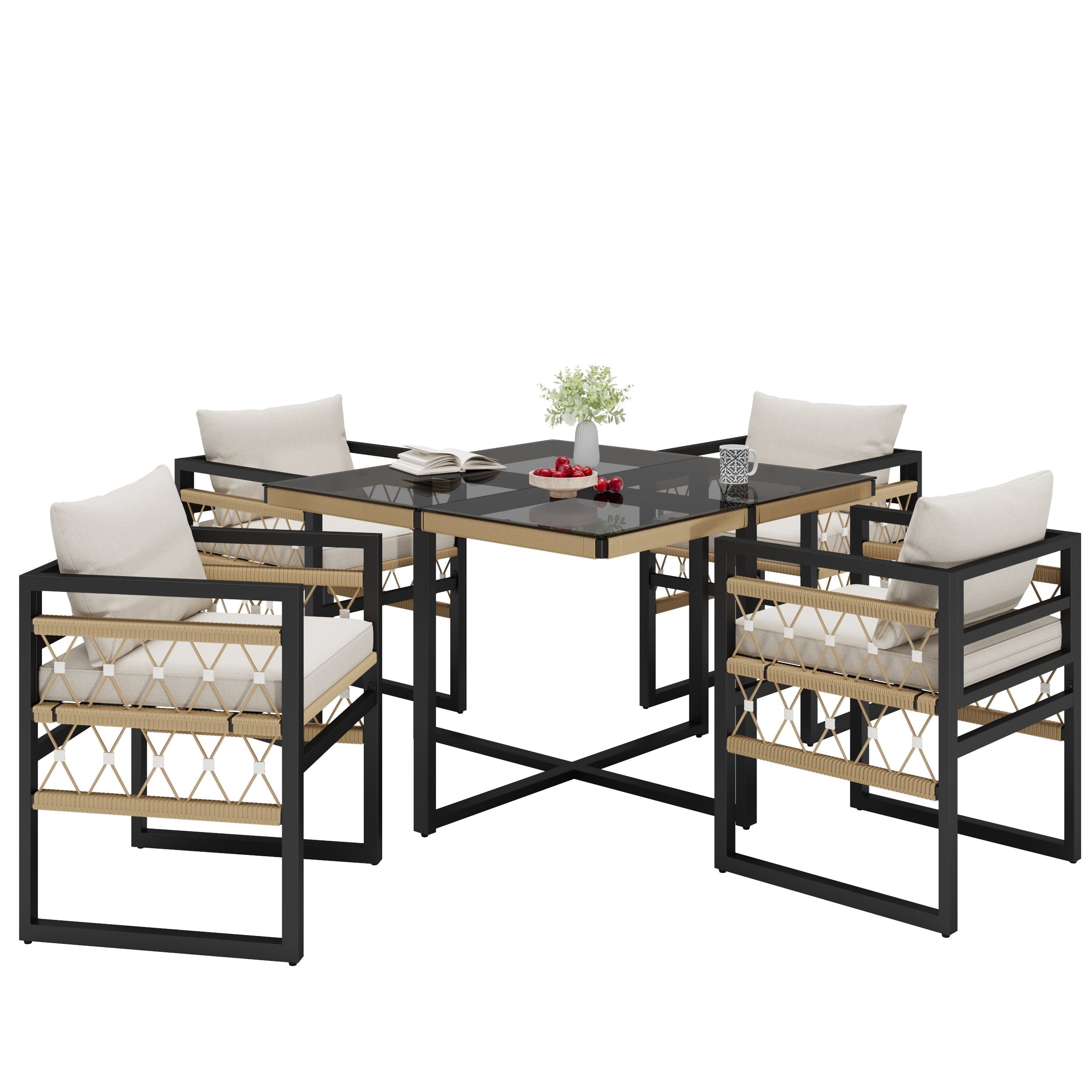 Handwoven Garden Sofa Set with Glass Table and 4 Armchairs, Beige Iron