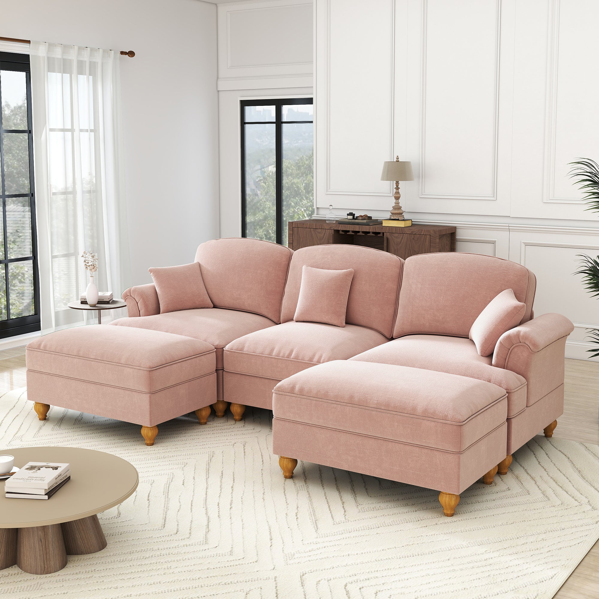 Modular U-Shaped Chenille Sofa, Movable Ottoman, Ruffled Apron - Pink