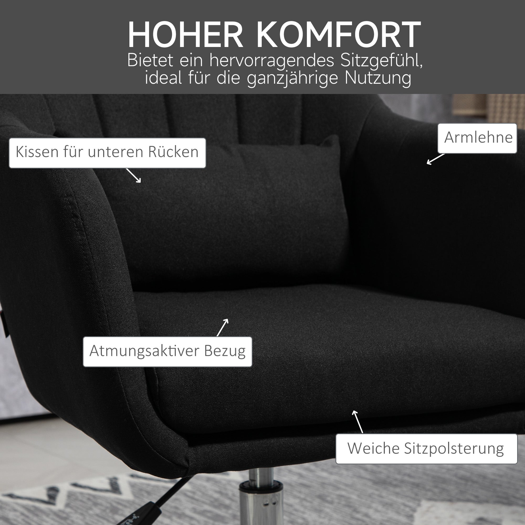 Armchair Recliner with Armrests Lumbar Cushion Swivel Metal Frame, Linen Look Black