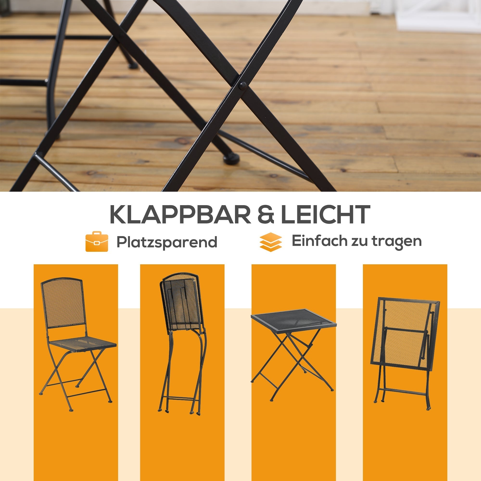 Garten-Bistro-Set, 3 Personen, 1 Tisch, 2 Klappstühle, Metall Grau
