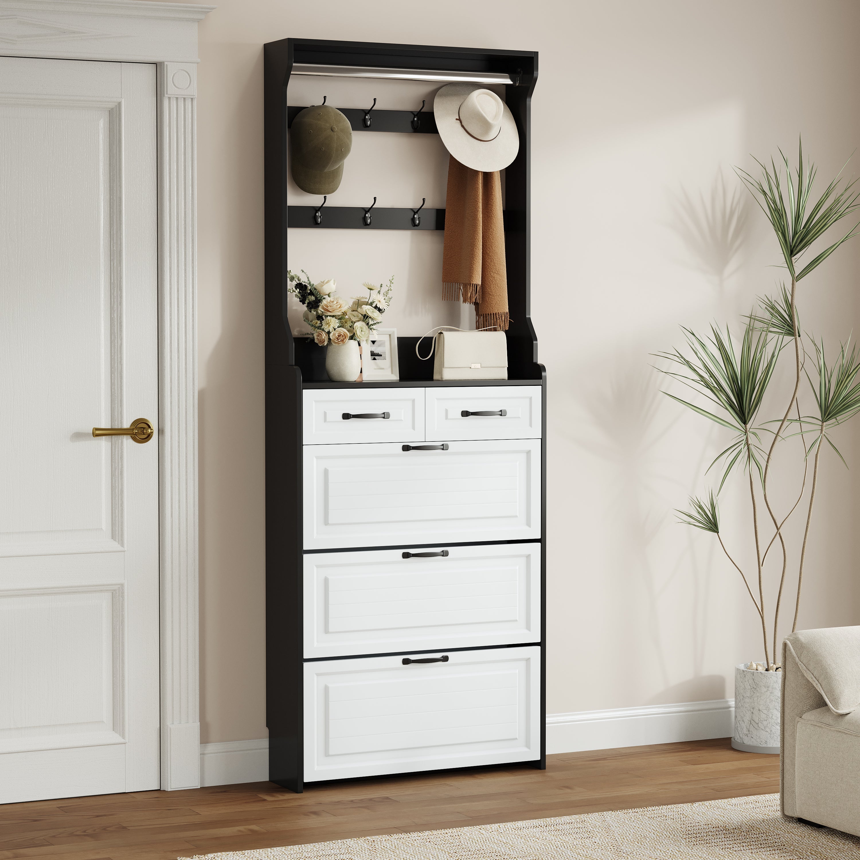Shoe Cabinet with Hanger, 3 Doors and 2 Drawers, Black