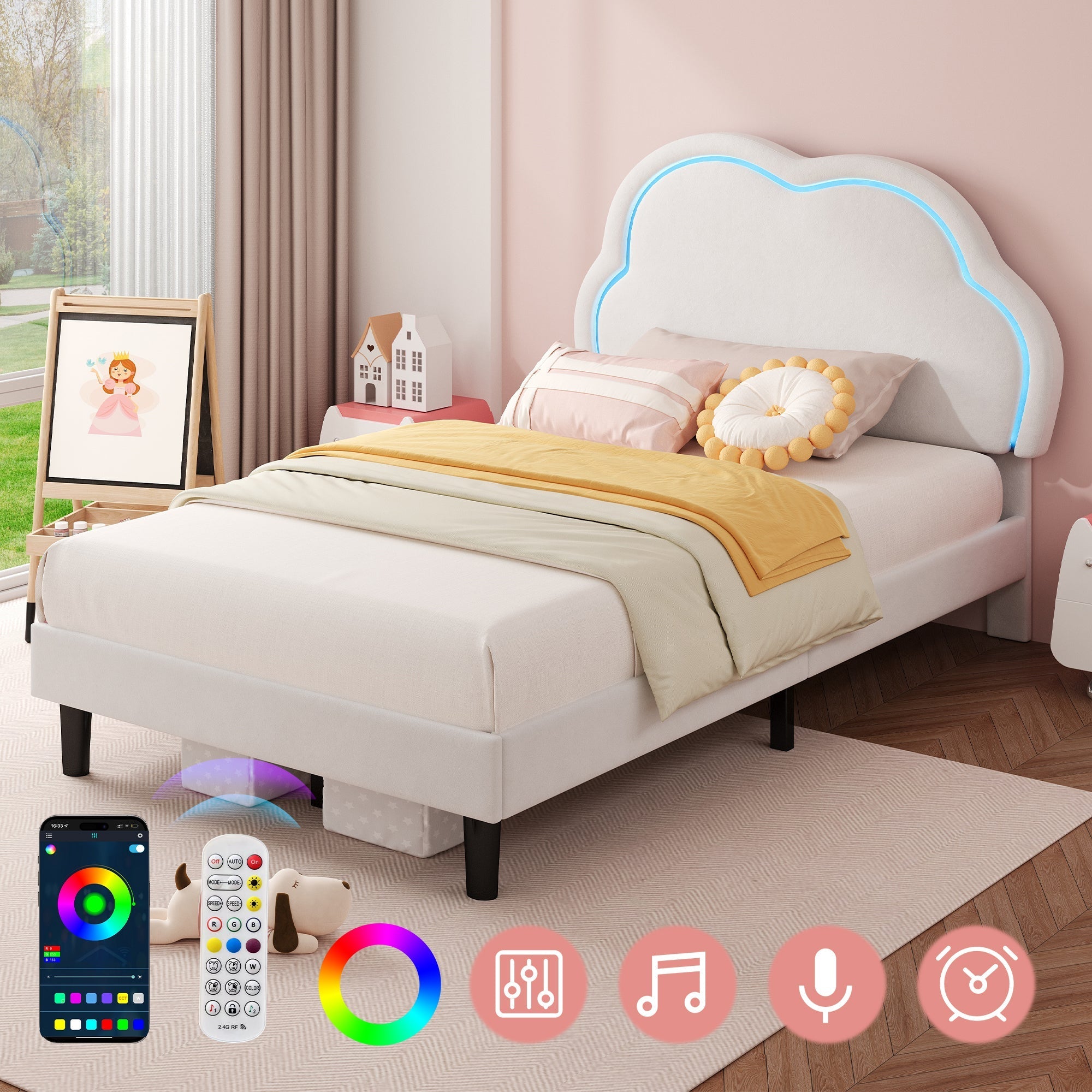3ft Single Upholstered Bed with LED Adjustable Cute Cloud Headboard, Soft Velvet Bed Frame with Solid Wood Slat, Cream White