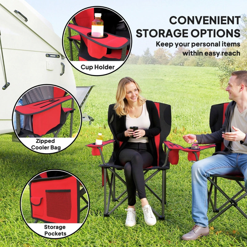 Set of 2 Folding Camping Chairs, Padded Lightweight with Cooler Bag, Red
