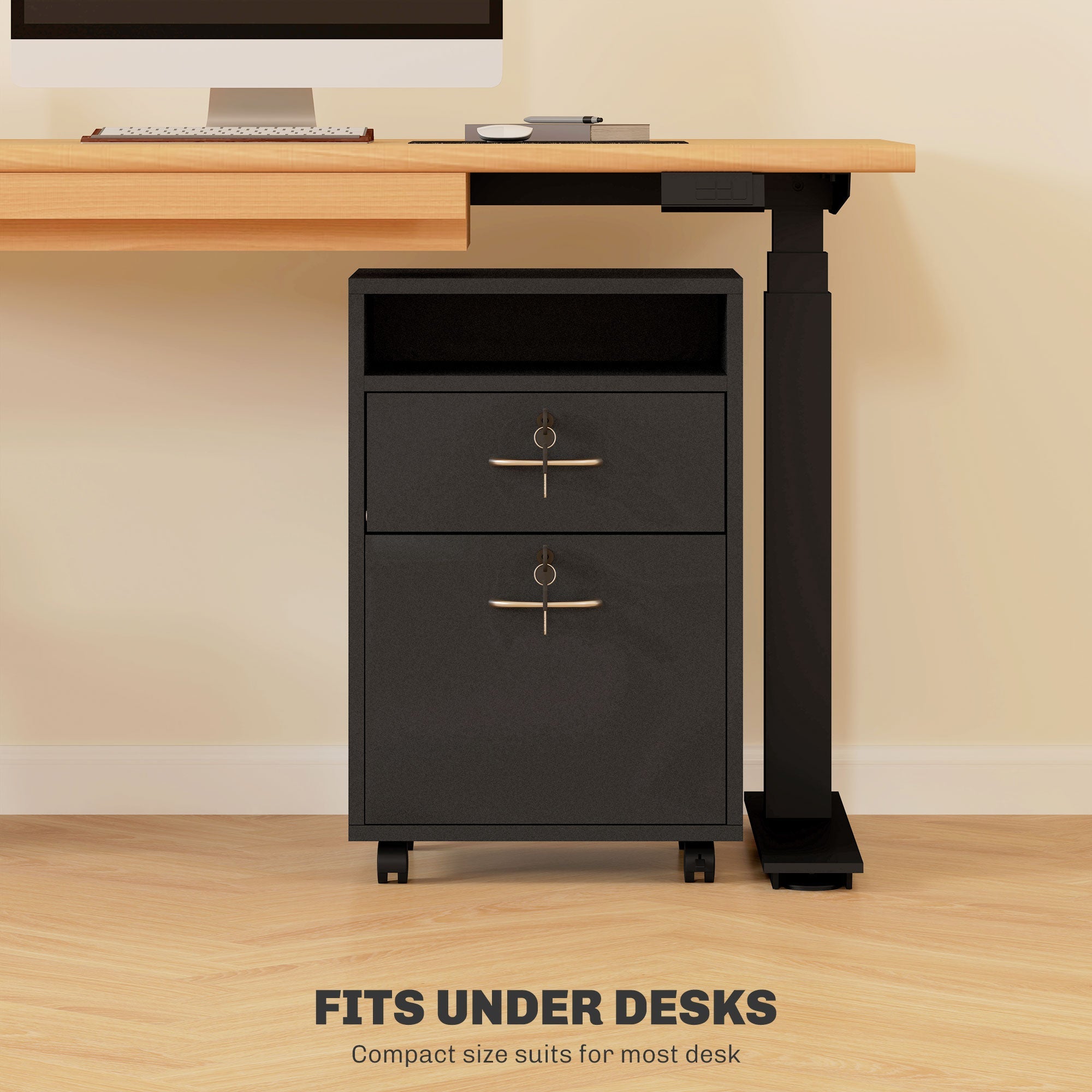 Filing Cabinet 60cm Drawer Open Shelf Mobile Two Locks Black