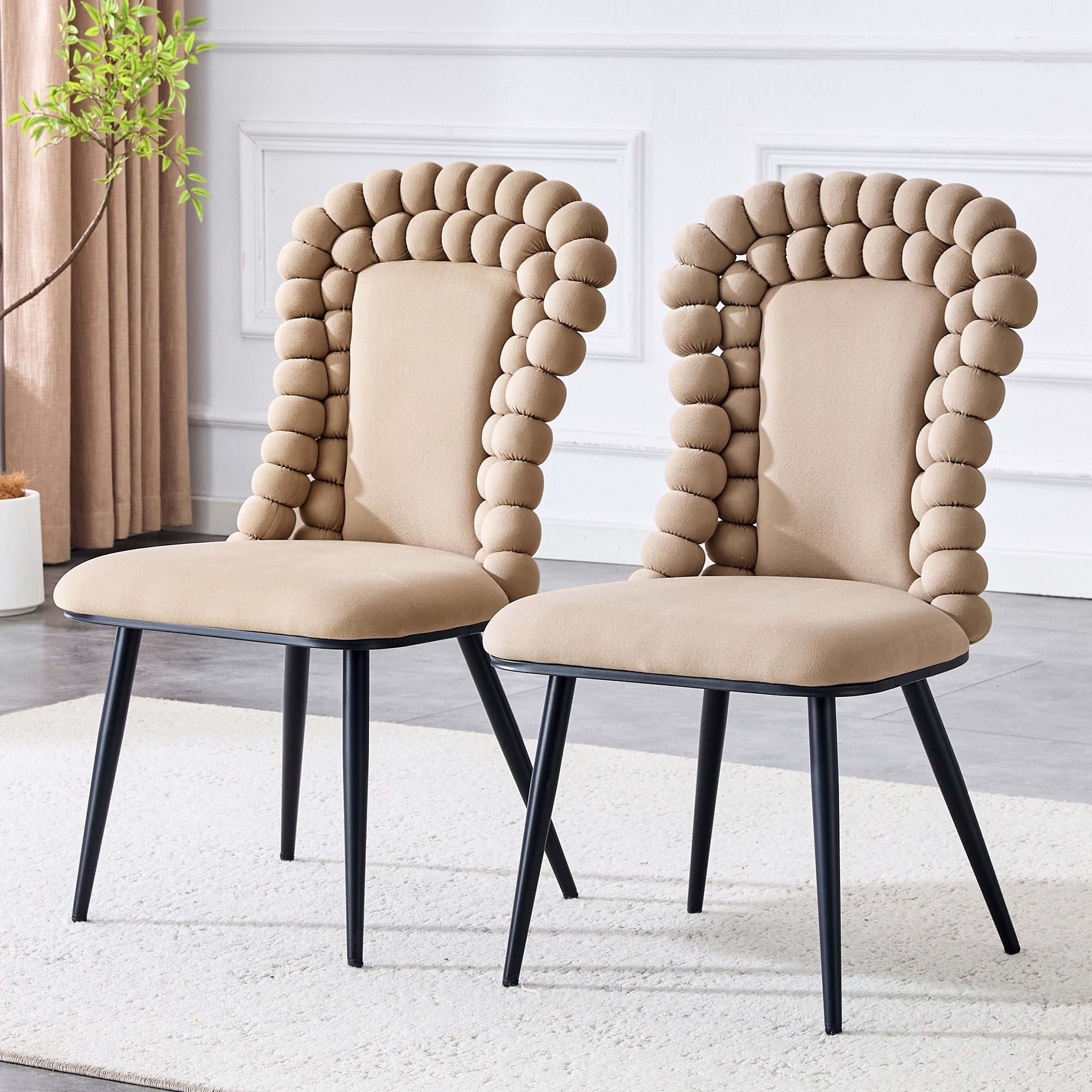 Dining Chairs (Set of 2), Ball Chain Backrest, Black Metal Legs, Camel Velvet