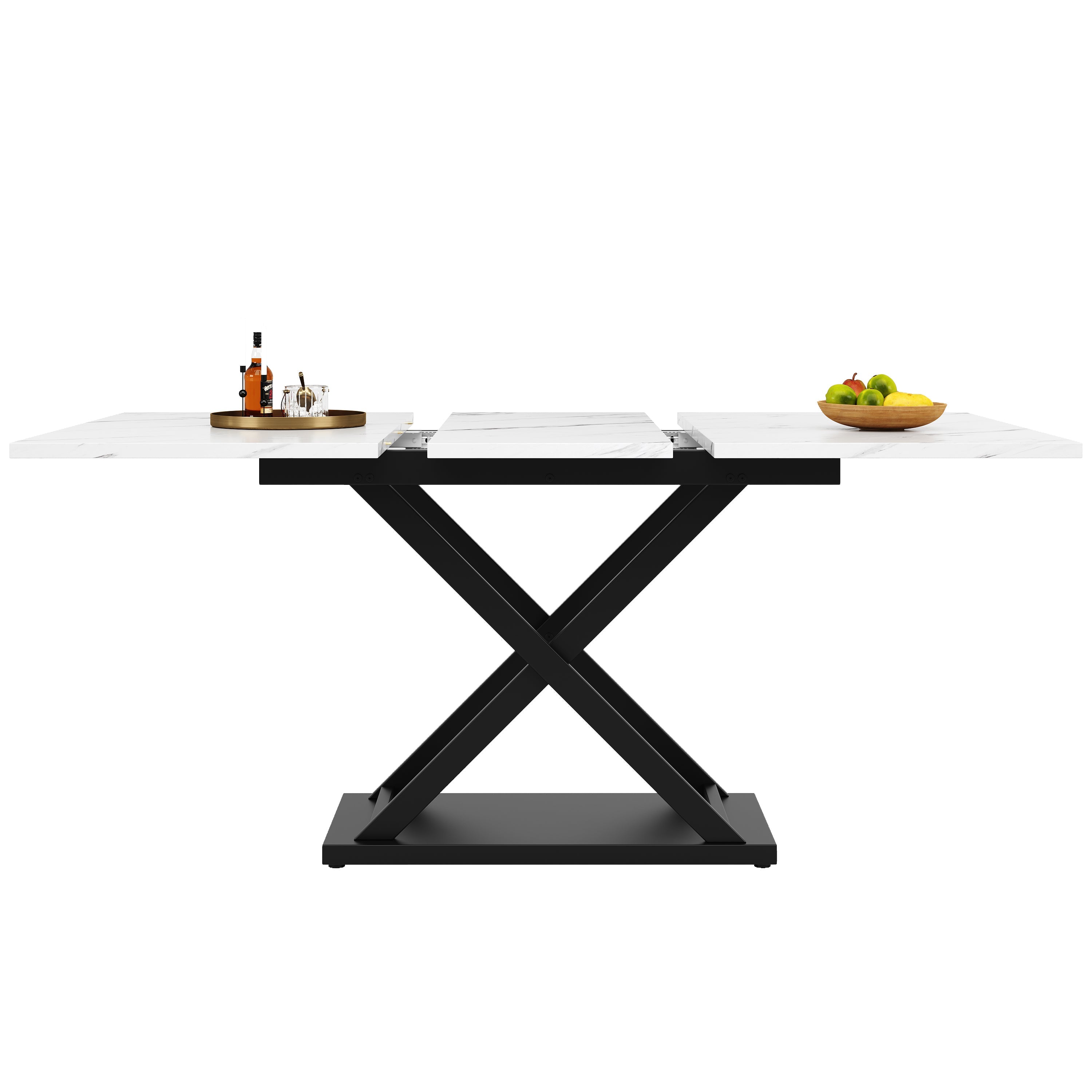 Telescopic Dining Table Extendable 120-160x80cm Crossed Iron Legs - White Marble/Black