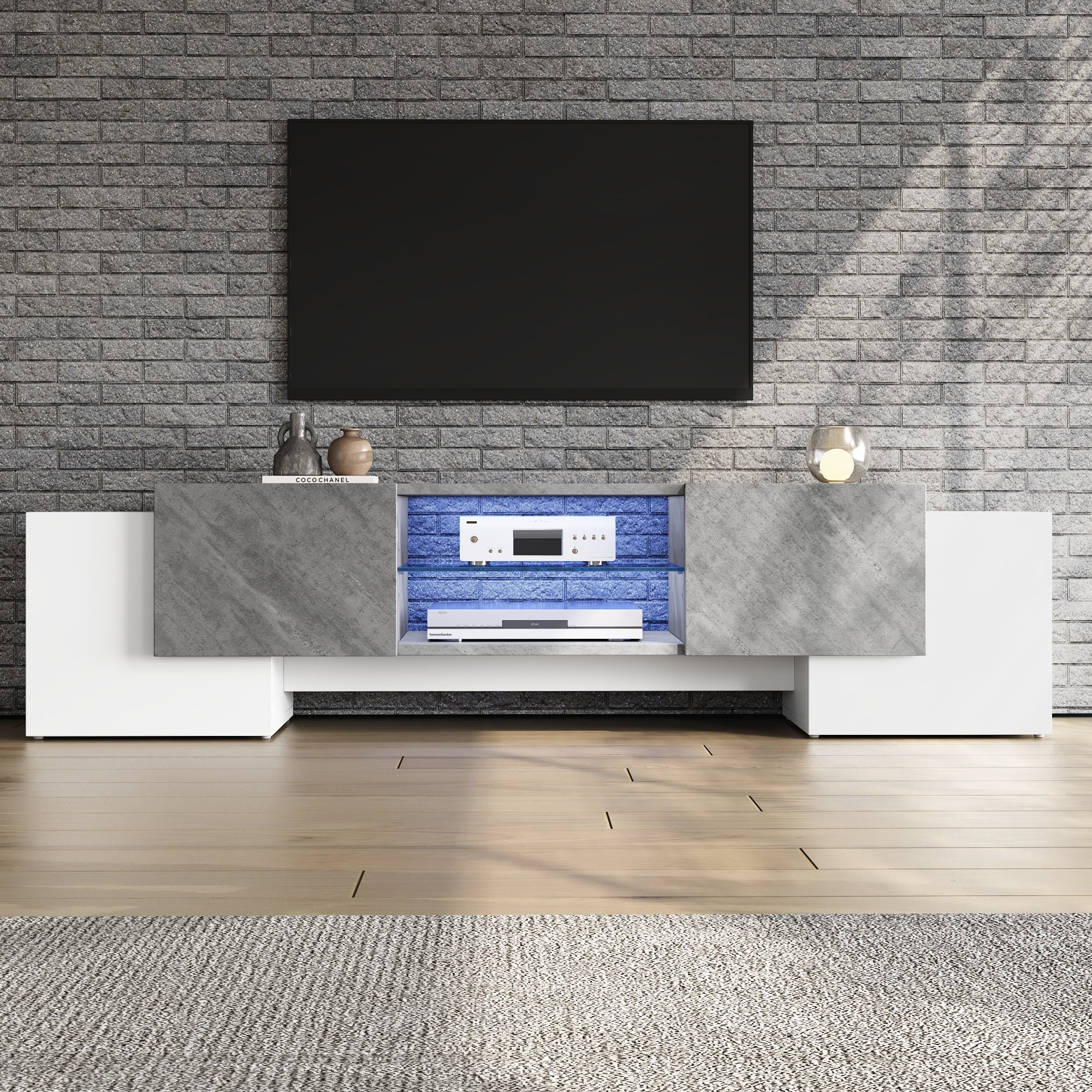 TV Cabinet 180*40*46.5cm, Lowboard with Bluetooth LED, White & Gray