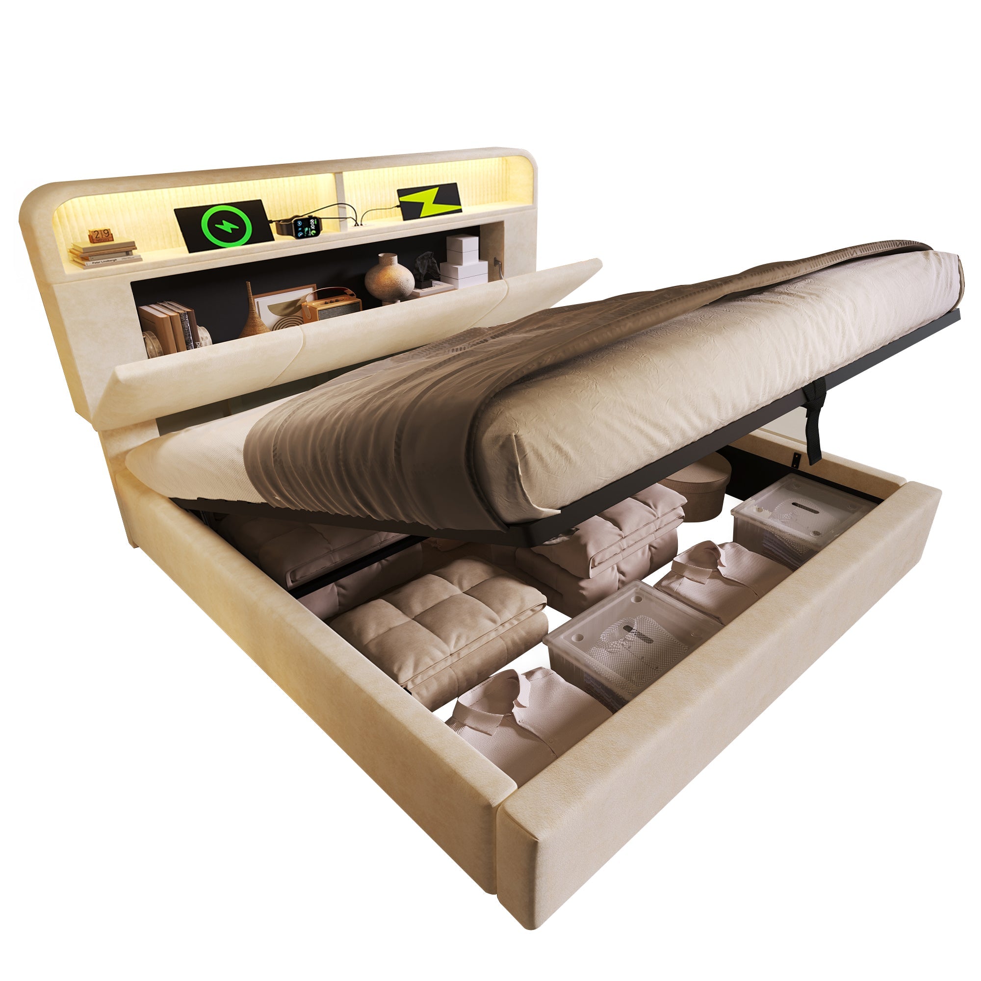 Upholstered Double Bed 160x200 cm with Hydraulic Storage, LED, USB Charging and Mattress, Beige Velvet