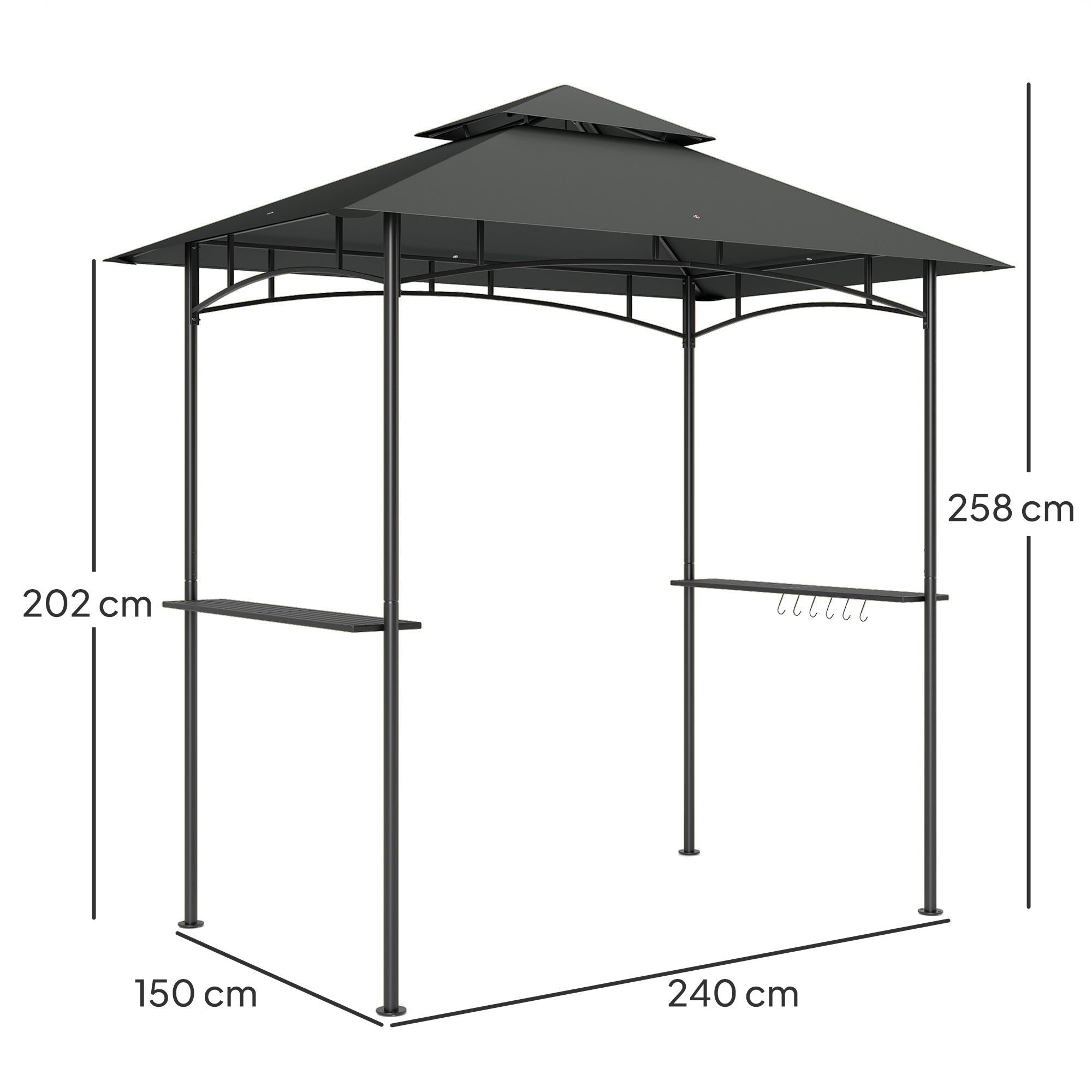 Grill Pavilion LED Lighting, 240x150x258cm, Water-Repellent, Double-Layered Roof, Side Shelves, Dark Grey