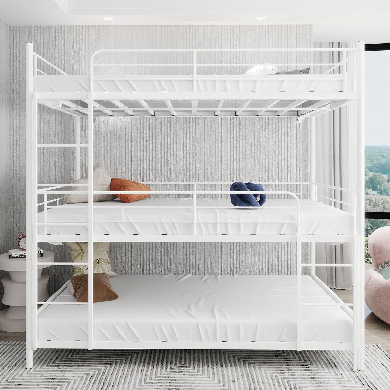 Triple Frame Bed, Heavy-Duty with Built-in Ladder & Railing, Metal