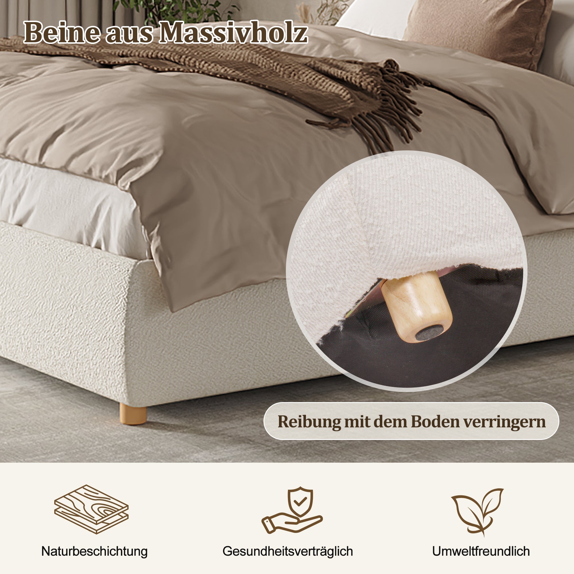 Upholstered Double Bed, 180x200cm Hydraulic Storage Bed with Slatted Frame and Wood Legs, White Bouclé