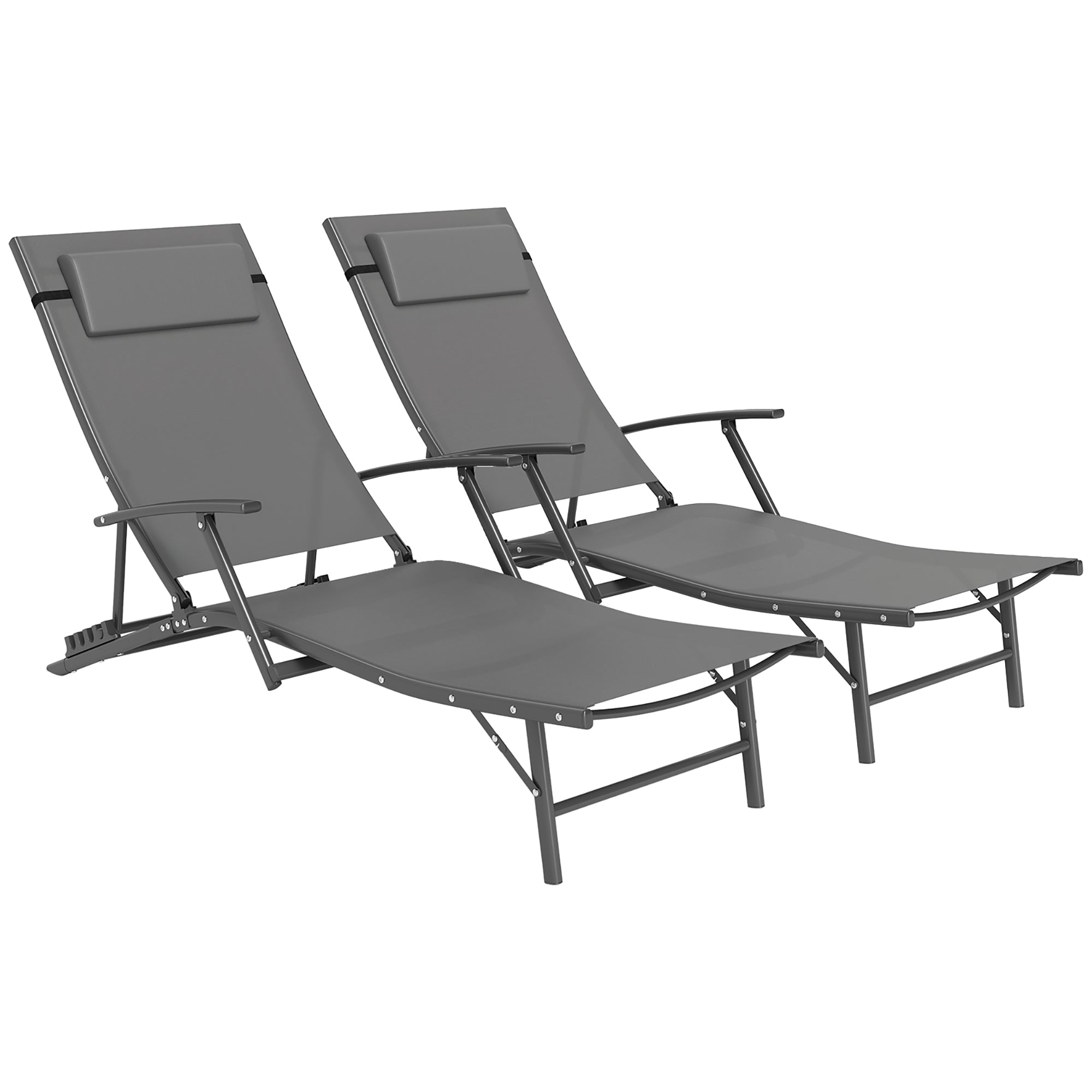 Set of Two Sun Loungers Adjustable Back Folding Texteline Grey