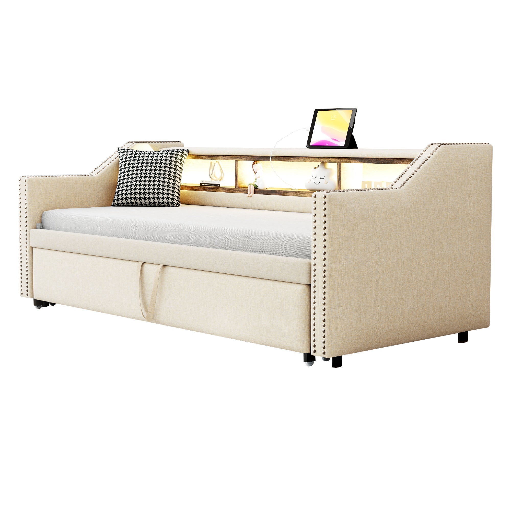 Upholstered Sofa Bed, Pull-Out with Storage, LED & USB, Beige