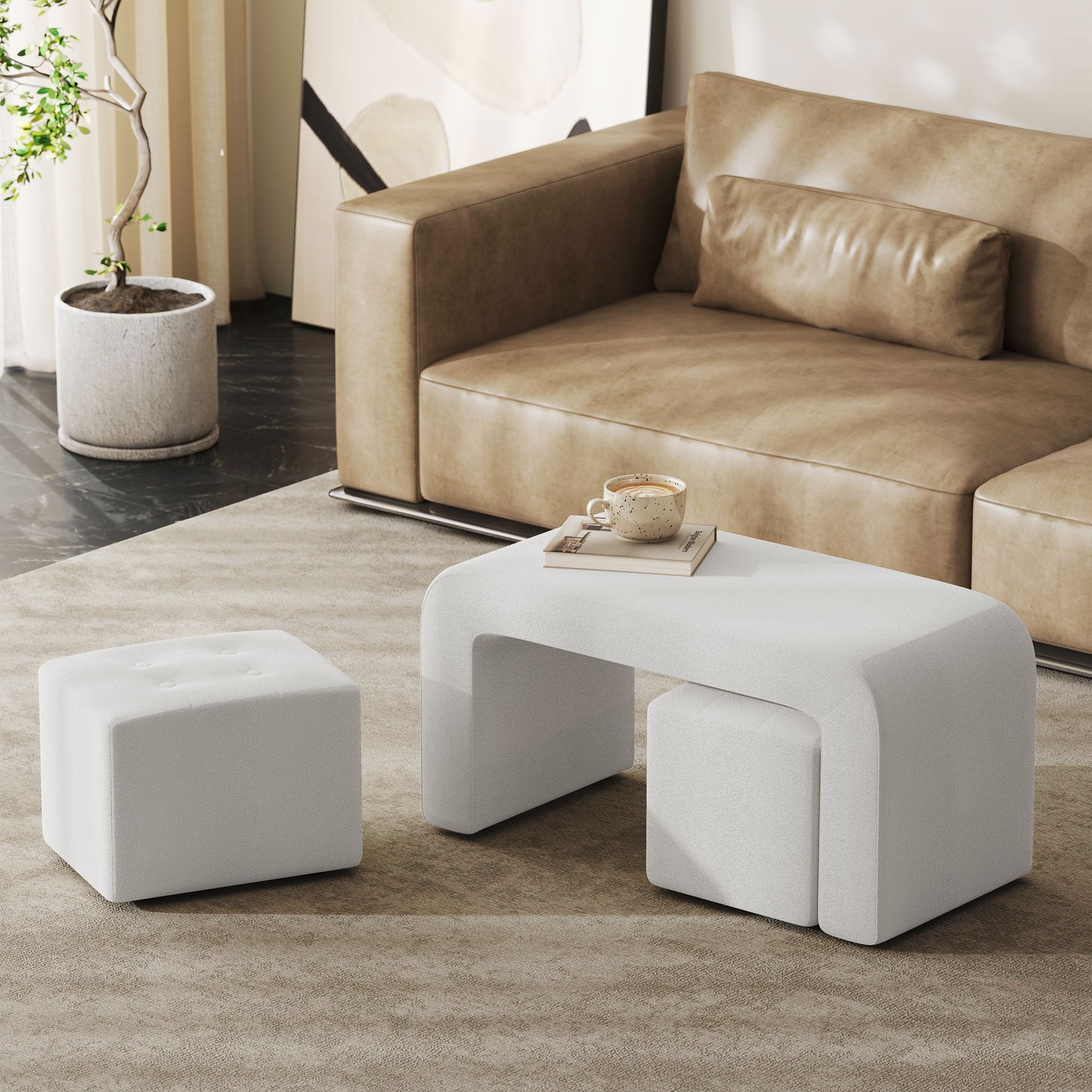 Footstool Set, 3-Piece Ottoman Seat, Upholstered, Elegant White