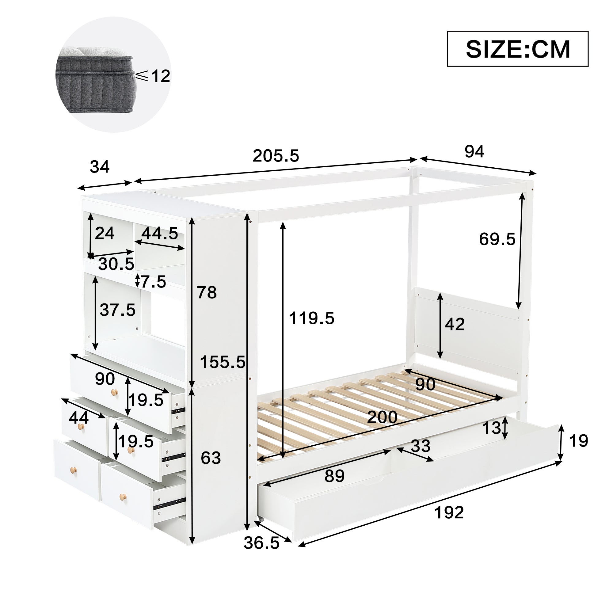 Single bed with safety rail, storage, 5 drawers, white+natural, pine+PB
