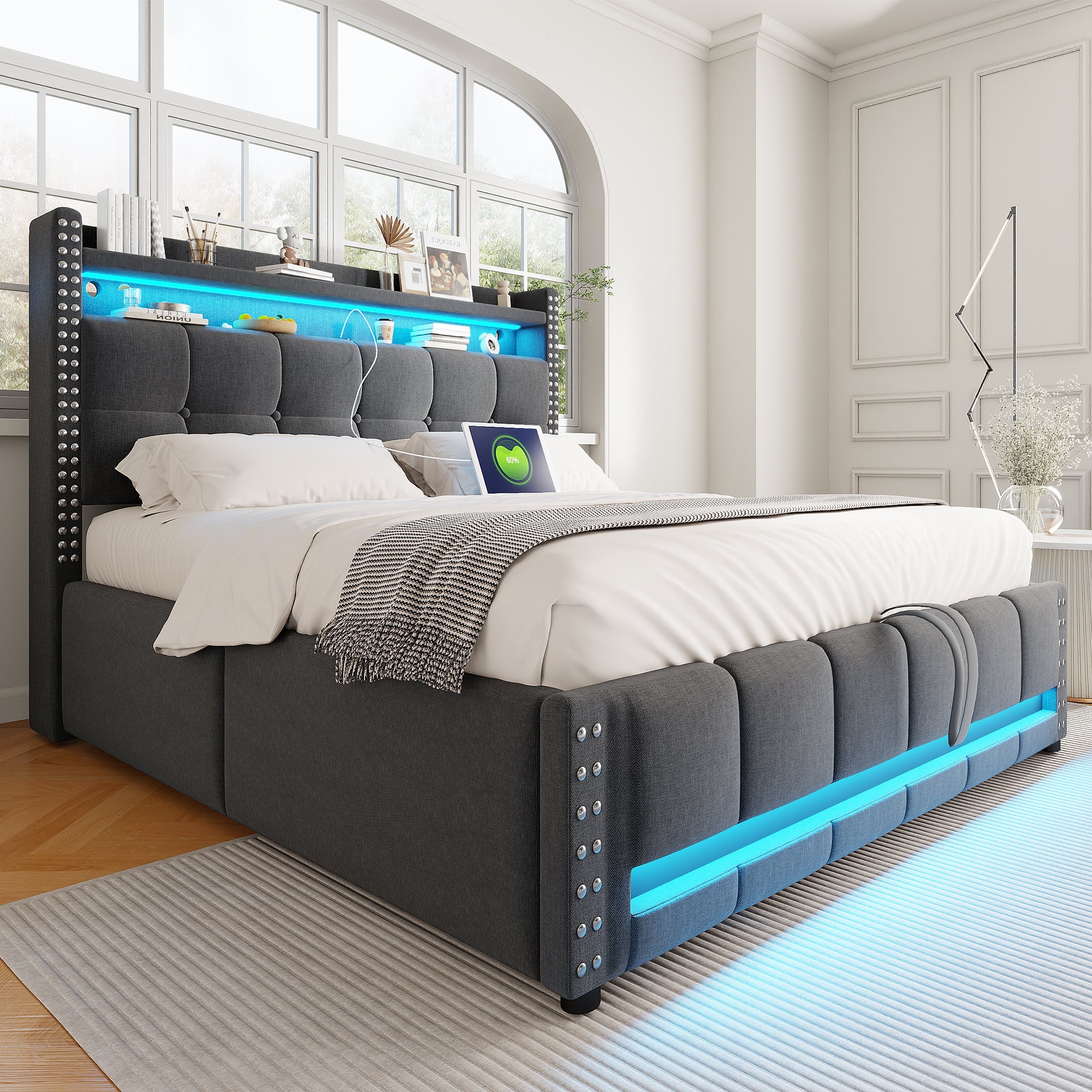 Upholstered Bed 160*200cm, LED & USB, Hydraulic Storage, Linen Fabric Gray