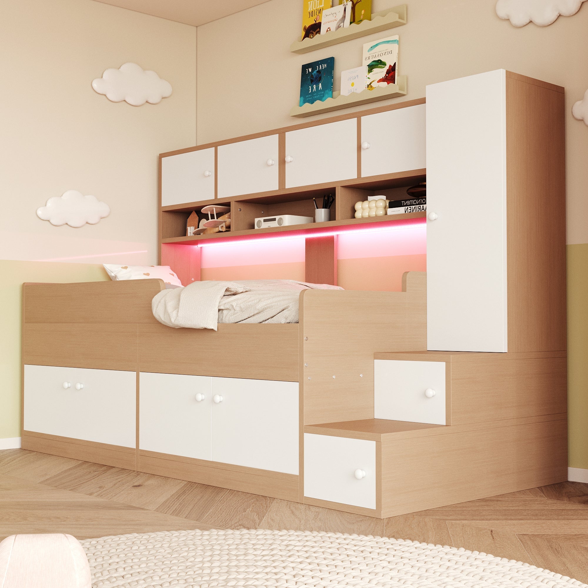 Wooden Children's Bed with Wardrobe, Shelves, Ladder and LED Lighting, 90x200cm, Wood Color