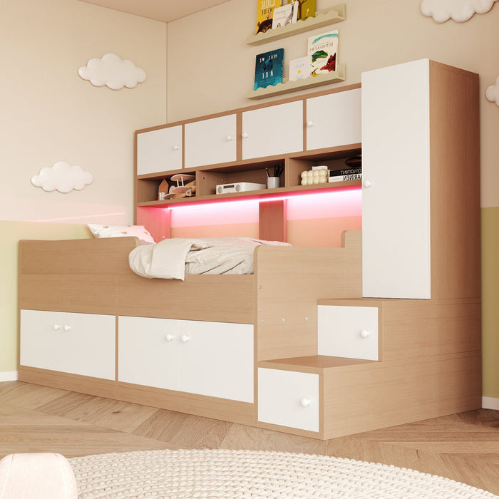 Wooden Children's Bed with Wardrobe, Shelves, Ladder and LED Lighting, 90x200cm, Wood Color