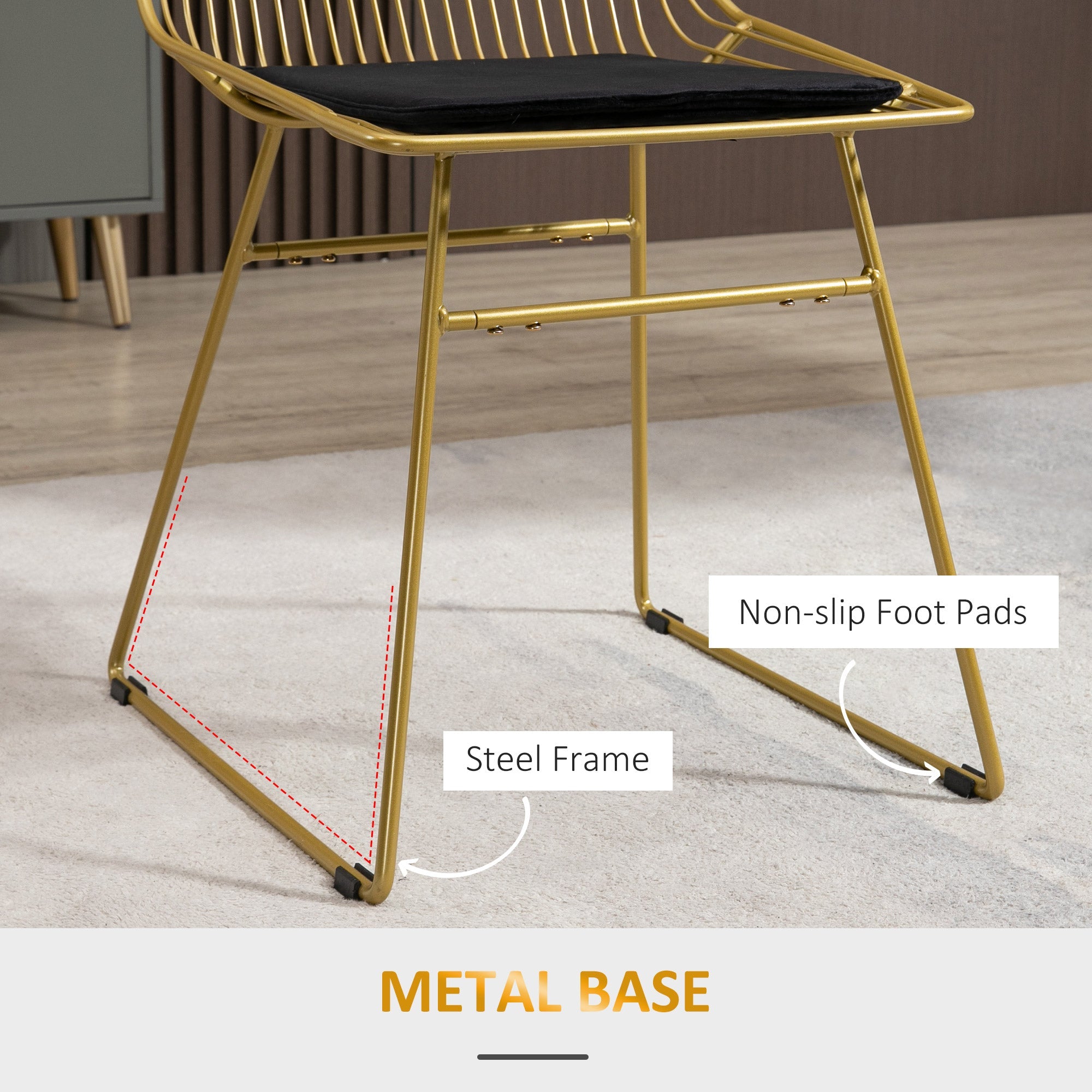 Luxurious Dining Chairs Set of 2, Metal Wire, Removable Cushion, Cut-out Back, Gold Tone