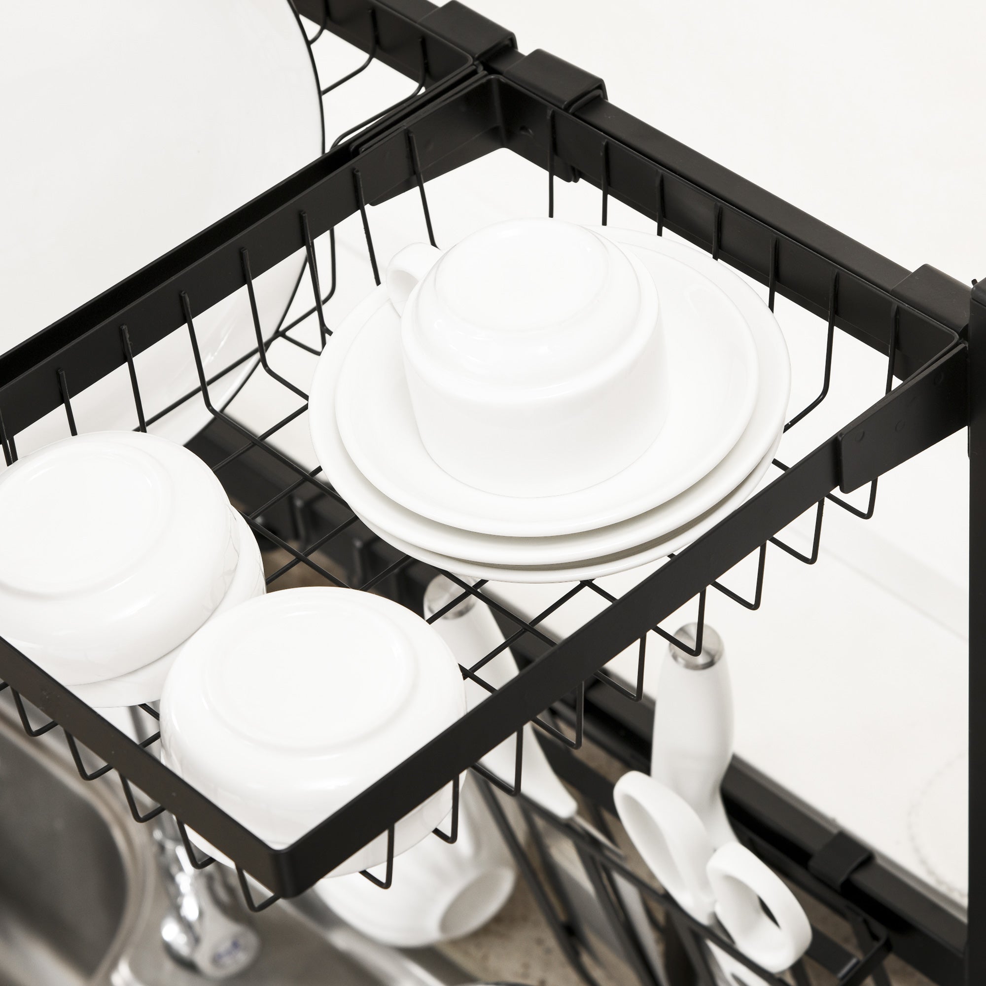 Dish Drainer 2-Tier with Hooks, Drip Tray, Steel, Black
