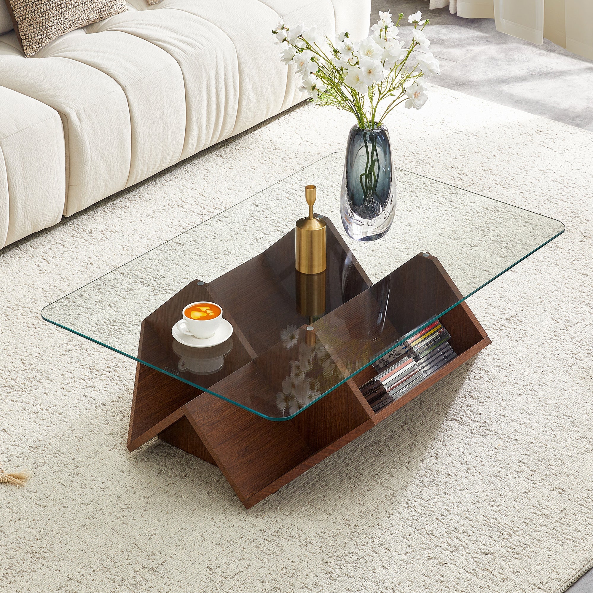 Multi-Storage Coffee Table with Tempered Glass and Spacious Compartments, Walnut Finish MDF