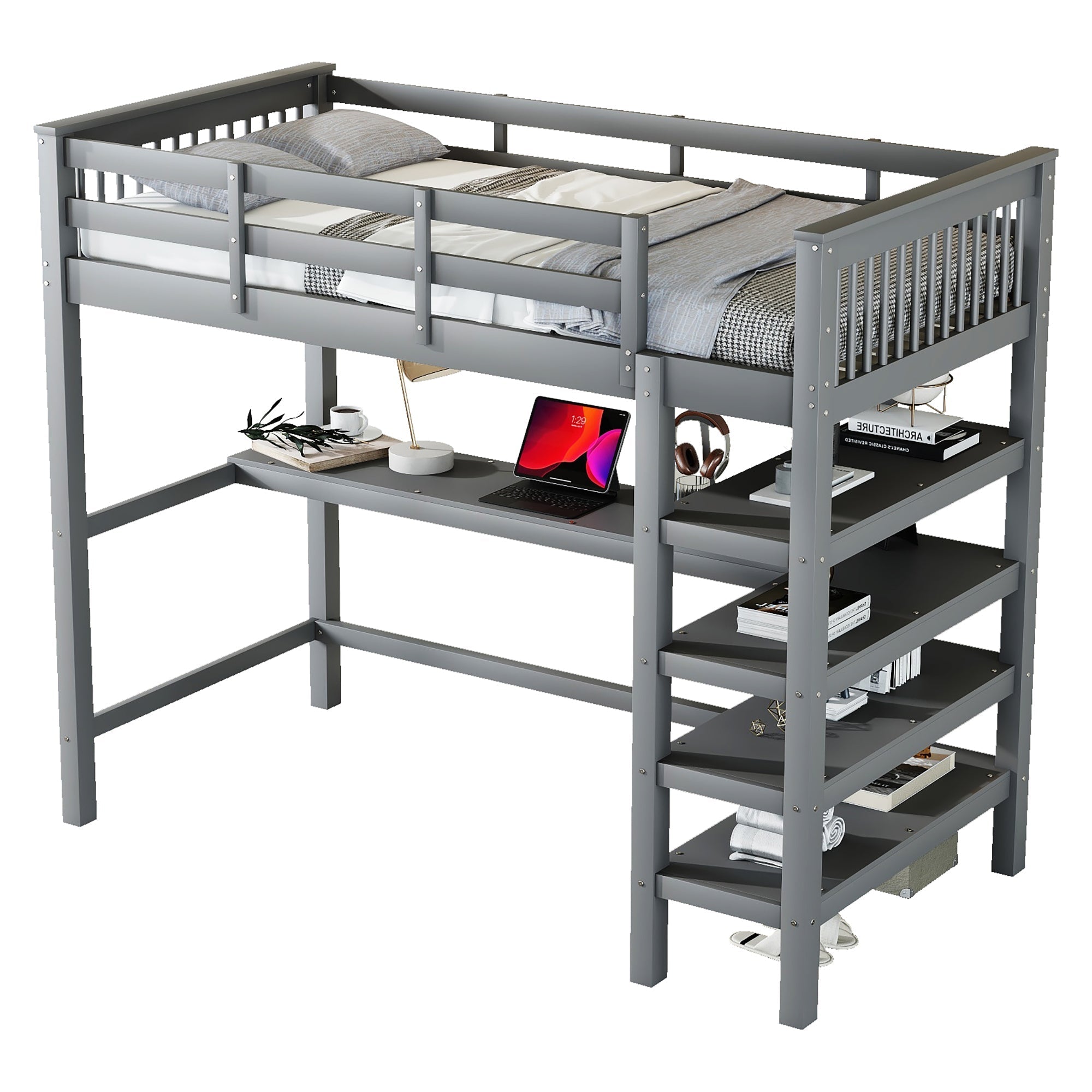 Loft Bed 90x200cm Children's Storage Under-Bed Desk Grey