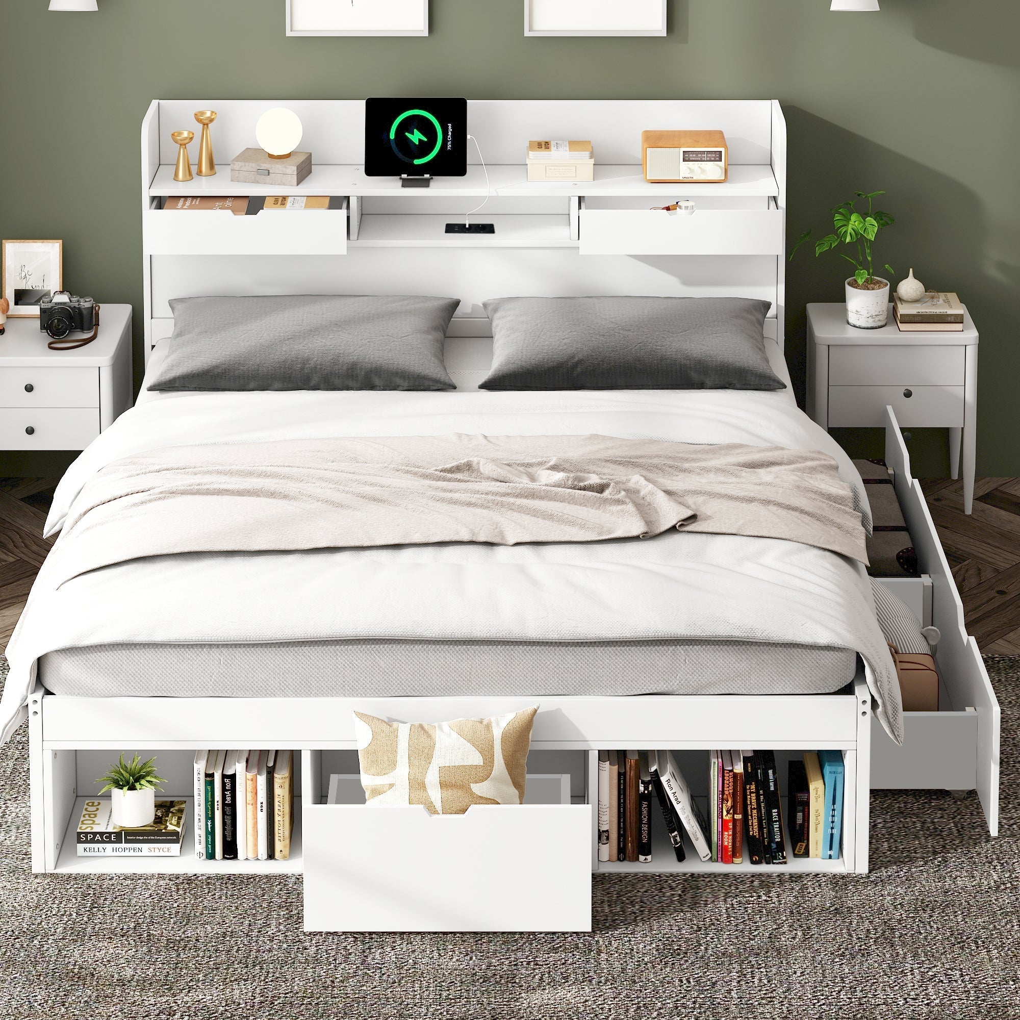 Multifunctional Double Bed 140x190cm USB Drawers Storage Cabinet - White