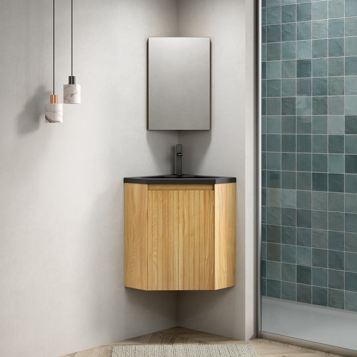 ZURI 38cm Wall Mount Bathroom Vanity Unit with Matt Black Resin Basin, Triangular Plywood Cabinets, Natural Wood