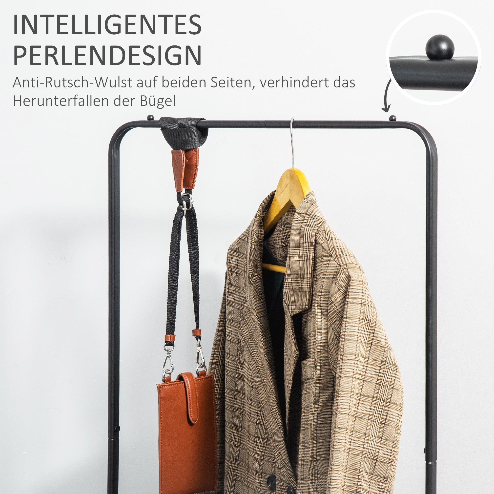 Kleiderständer, Rollen, Garderobenstange, Schuhregal, 16 kg Tragkraft, Schwarz