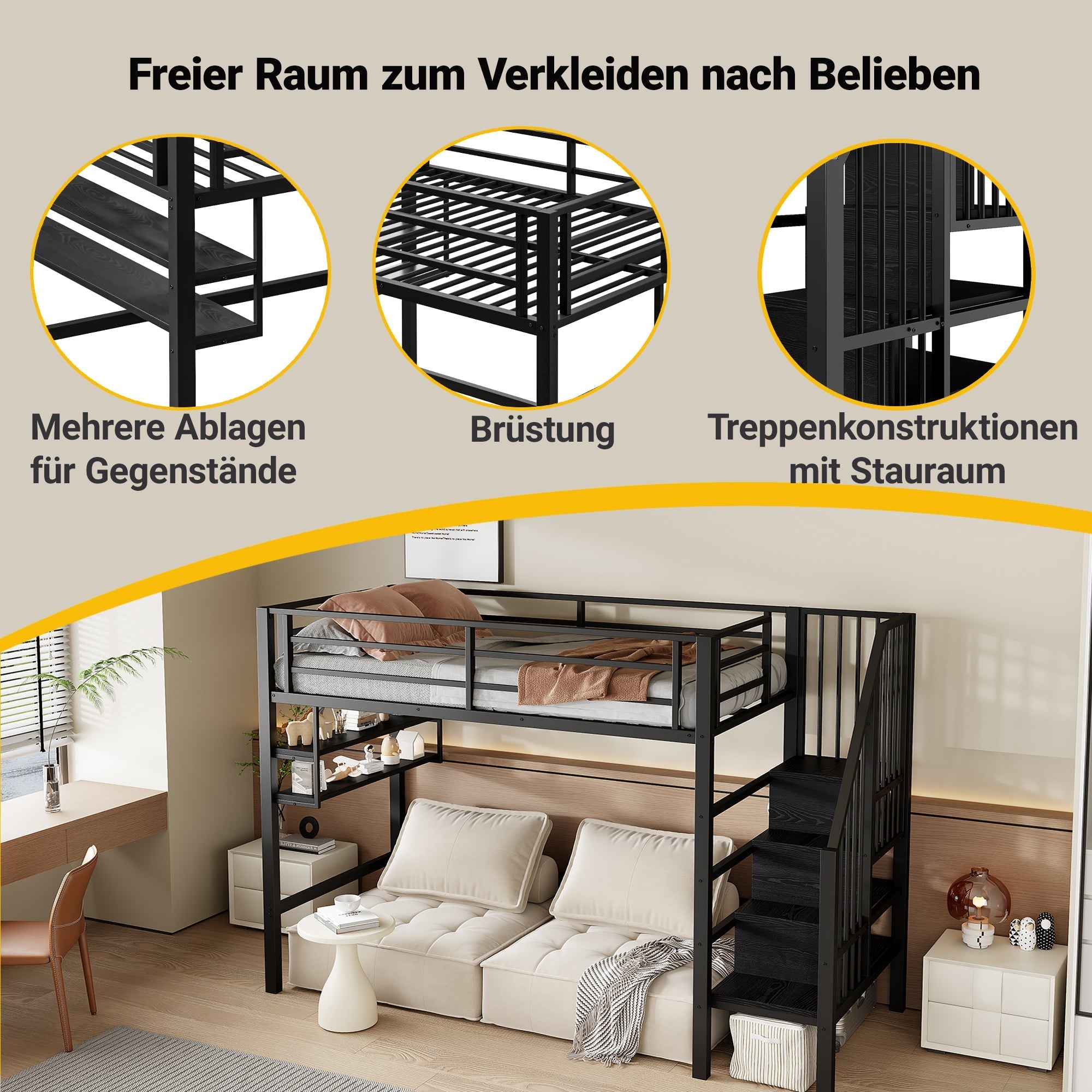 Loft Bed 90x200cm Storage Ladder Shelves Railing - Black