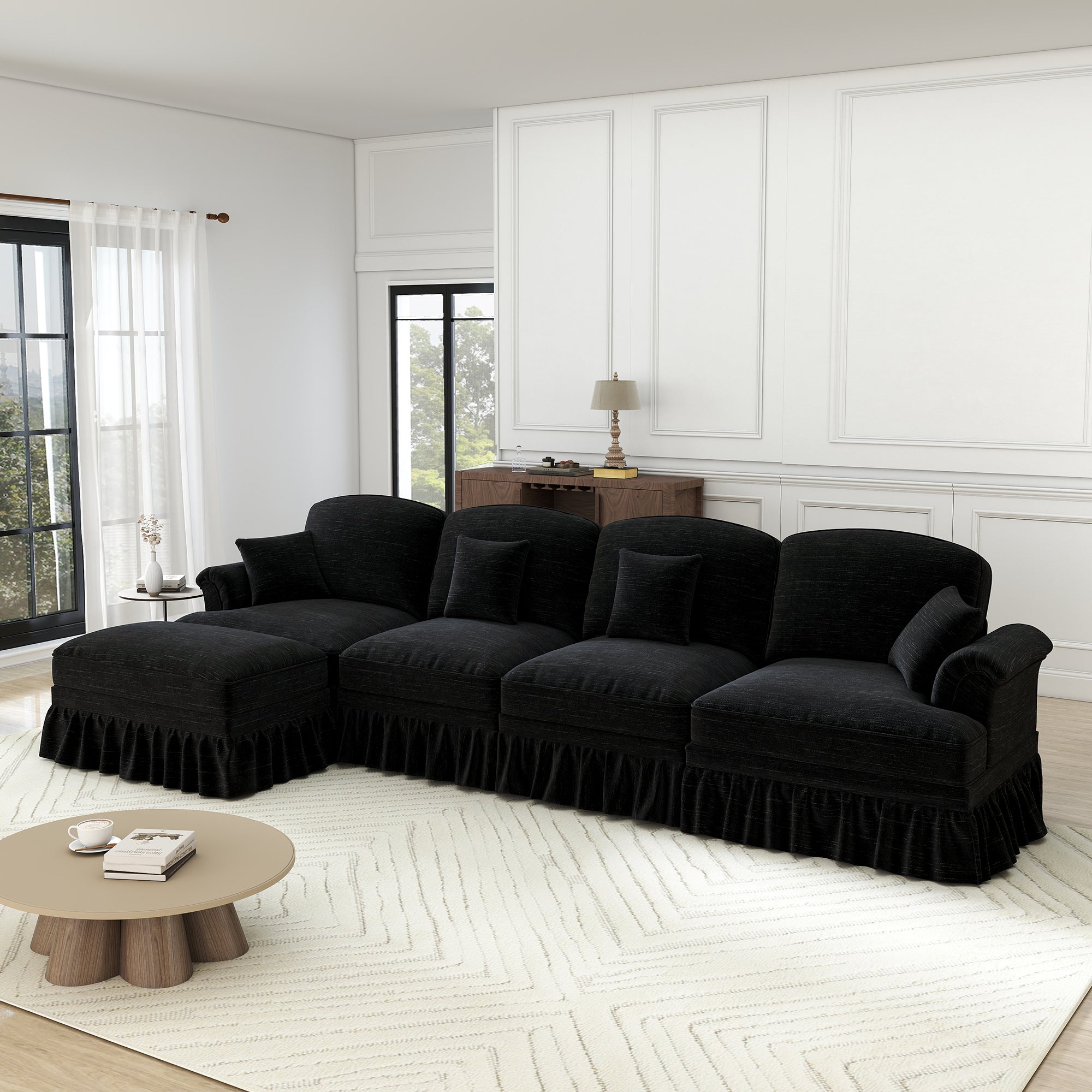 Classic L-Shaped Modular Sofa 4-Seater Movable Ottoman - Chenille Black