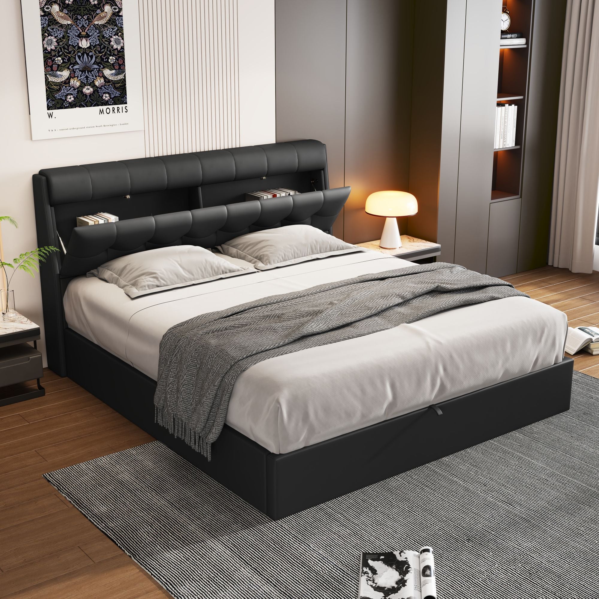 Upholstered Bed, King Size 150x200cm, Hydraulic Lift with Concealed Headboard Storage, Black PU
