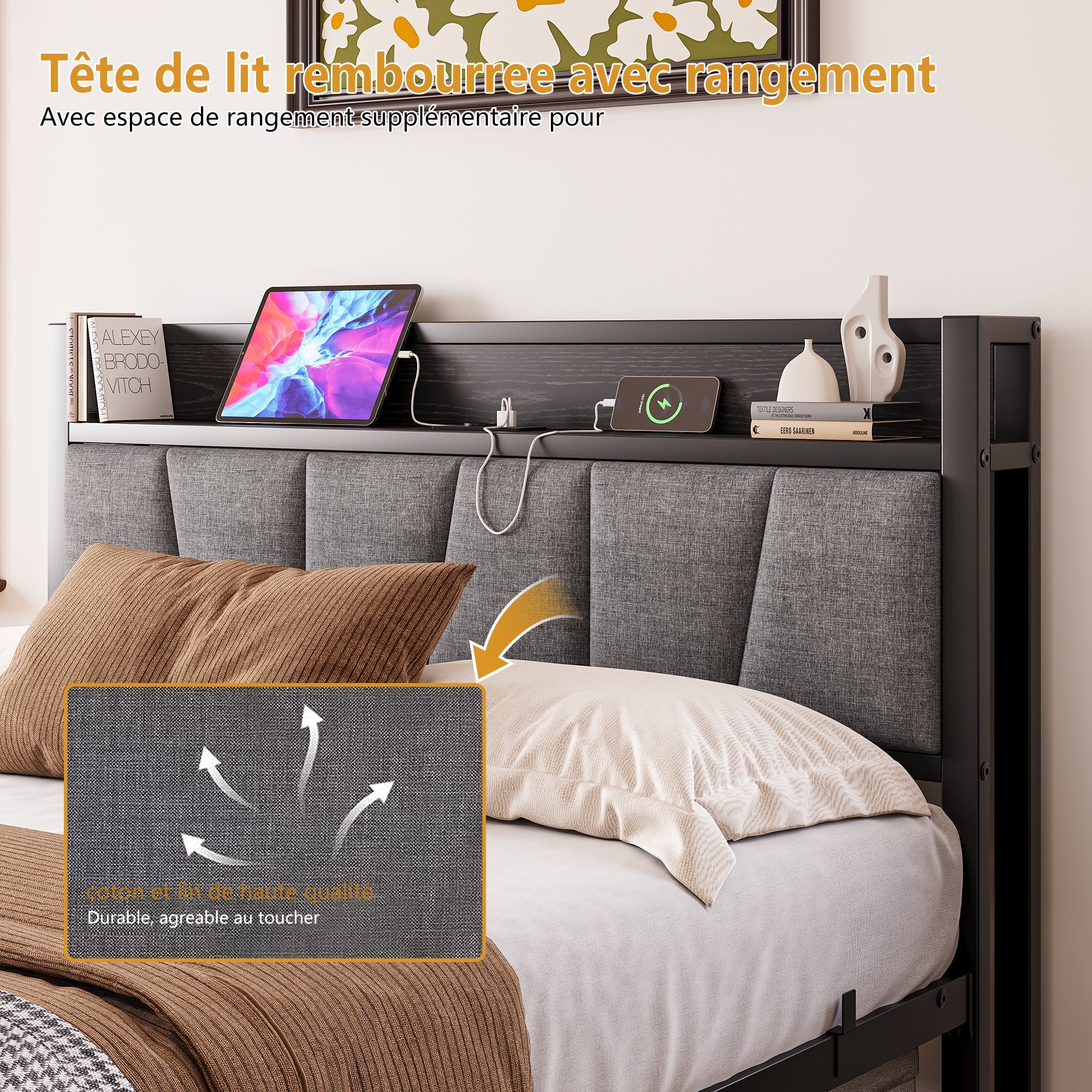 Bed Frame 140x190cm, Smart LED Lights, USB Charging Headboard, Metal