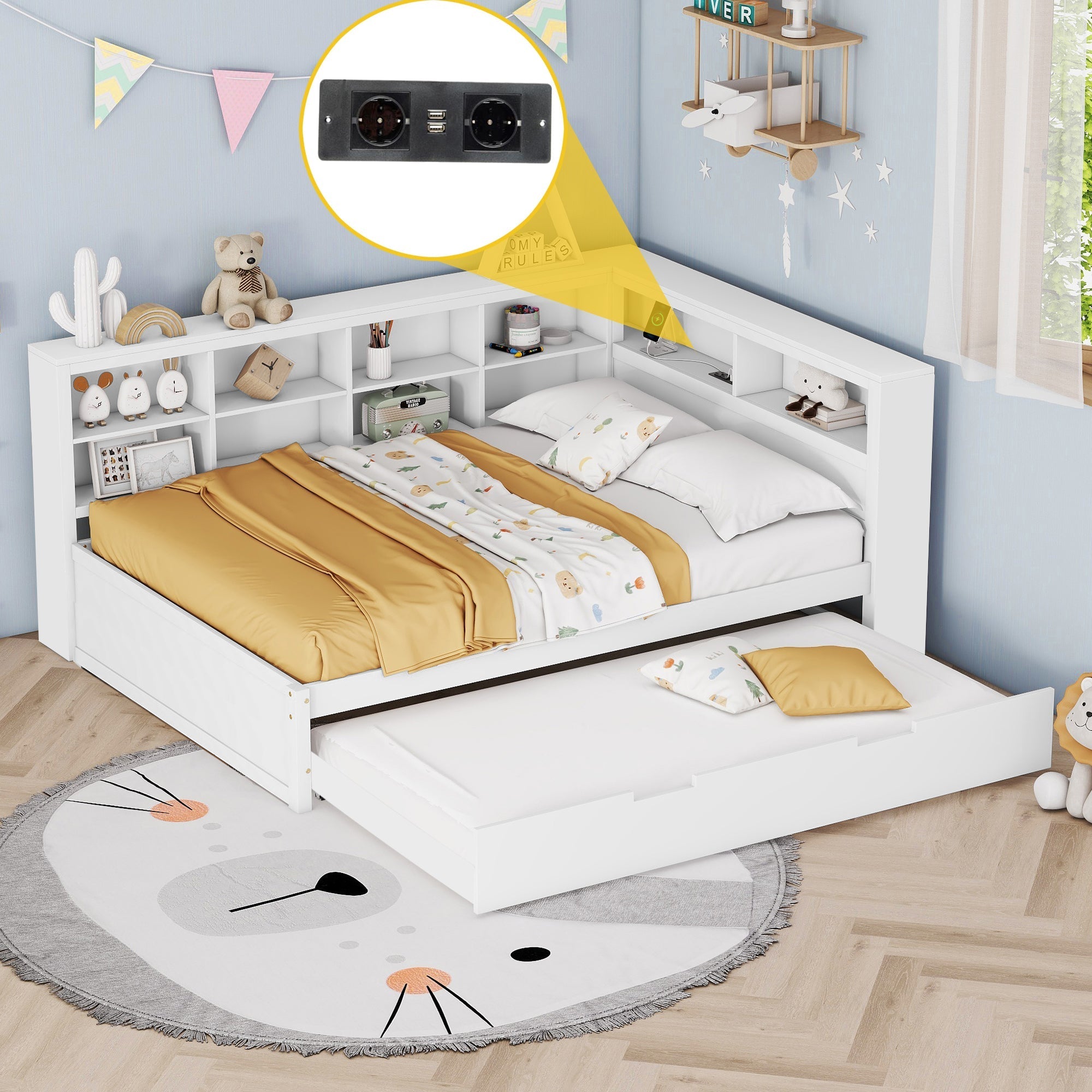 Sofa Bed with USB & Storage, Solid Wood, White