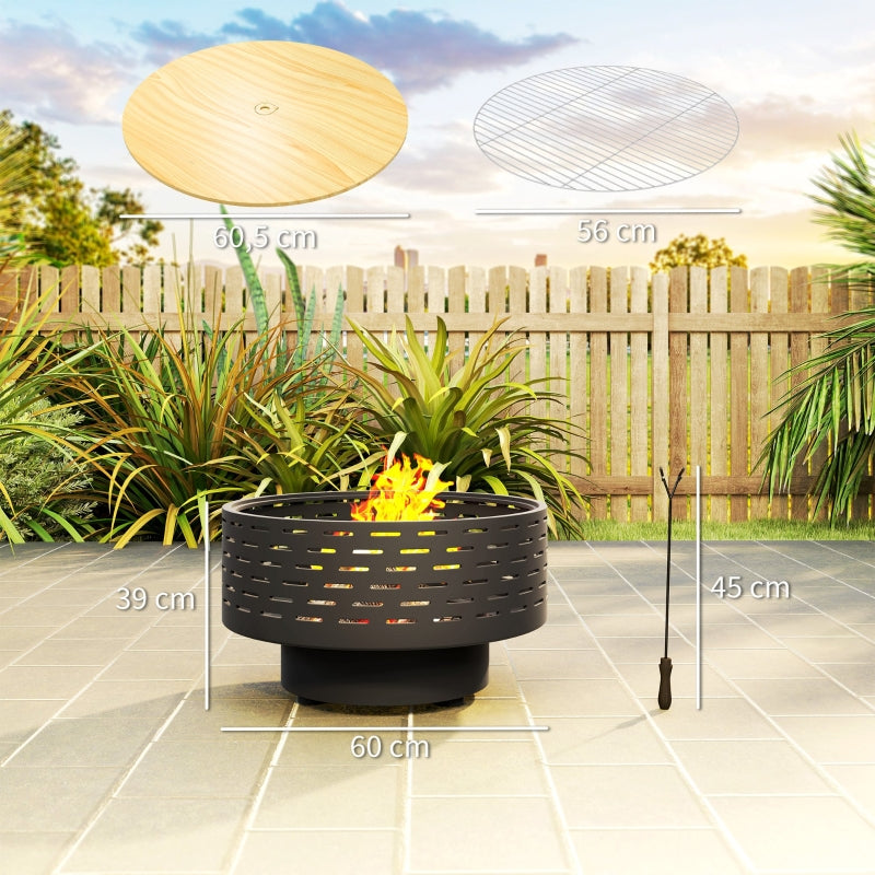 Fire Pit 3-in-1 Ø60cm Grill Grate Spark Screen Poker Stainless Steel Charcoal Grey