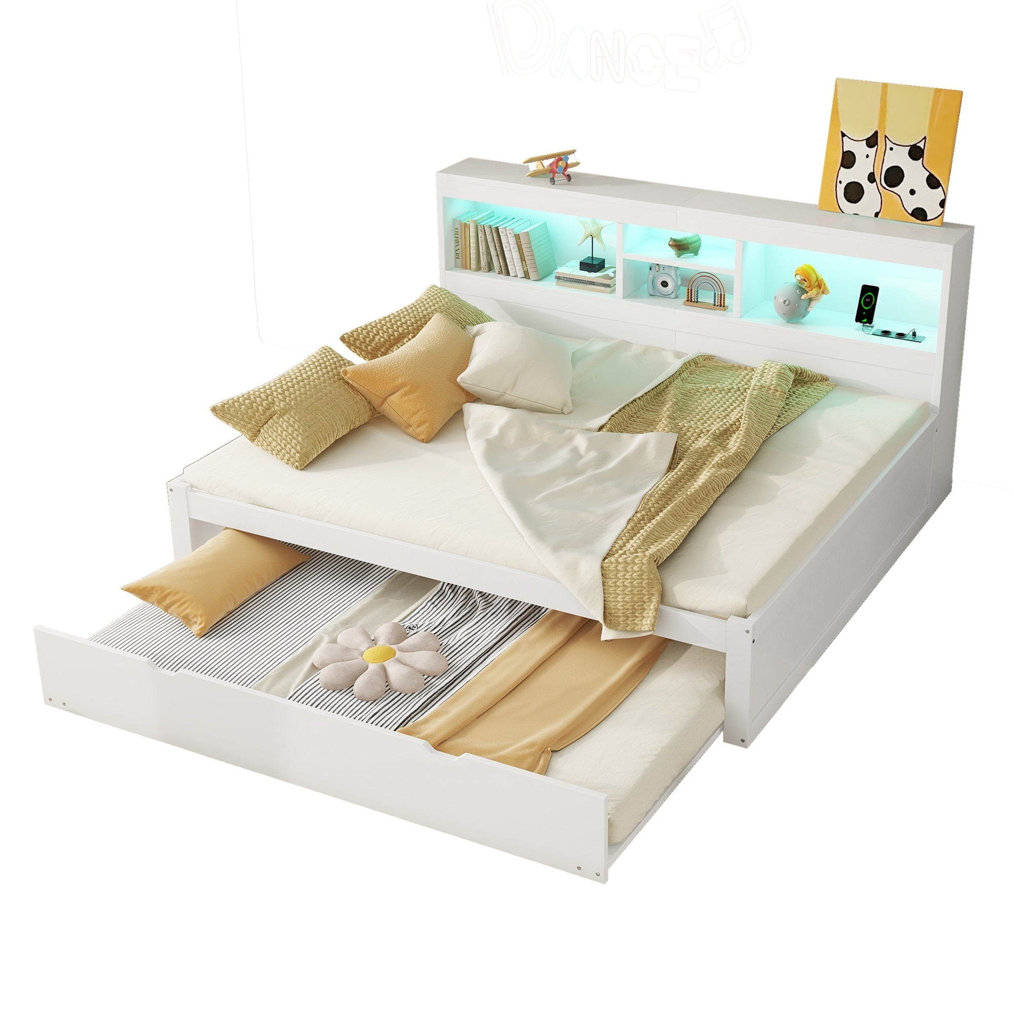 Daybed Sofa Bed 140x200cm Pull-out Bed LED Storage USB/Power Outlet - White