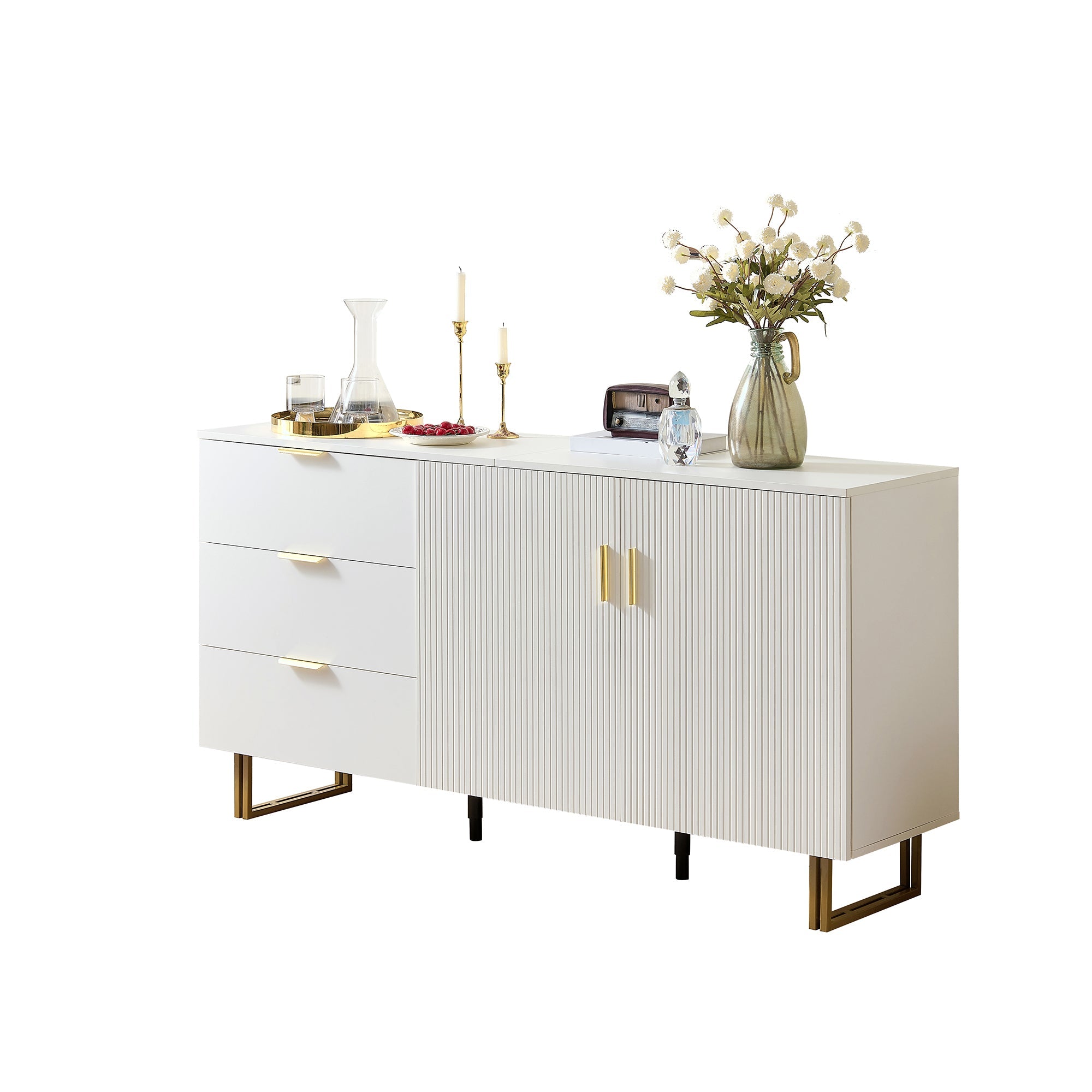 Modern Sideboard with 2 Doors and 3 Drawers, 160cm Storage Cabinet with Gold Steel Legs, White MDF