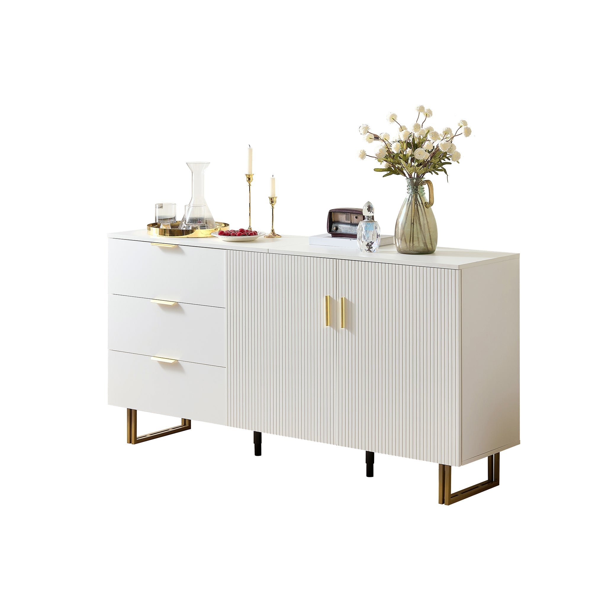 Modern Sideboard with 2 Doors and 3 Drawers, 160cm Storage Cabinet with Gold Steel Legs, White MDF