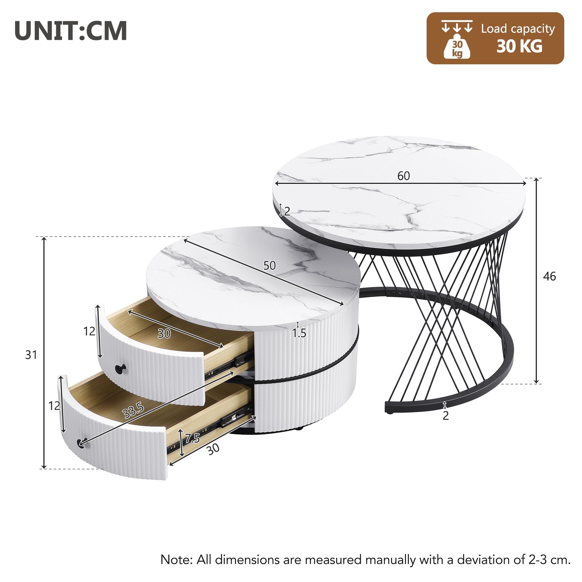 Elegant 2-Piece Nesting Coffee Table Set, Round High-Gloss Marble Look with 2 Drawers, White
