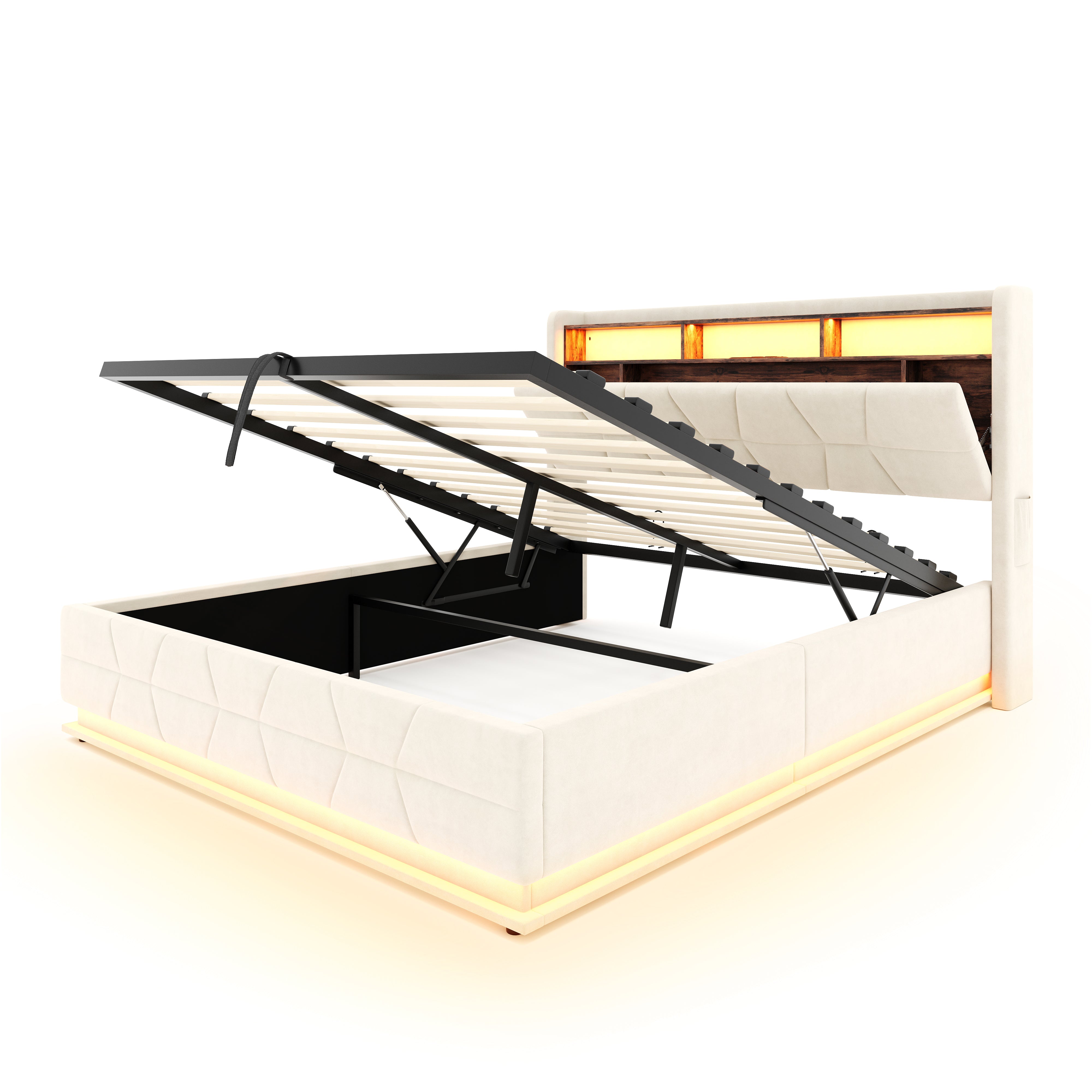 Multifunctional Bed with LED Lighting and USB Charging Station, 140x190cm, Beige